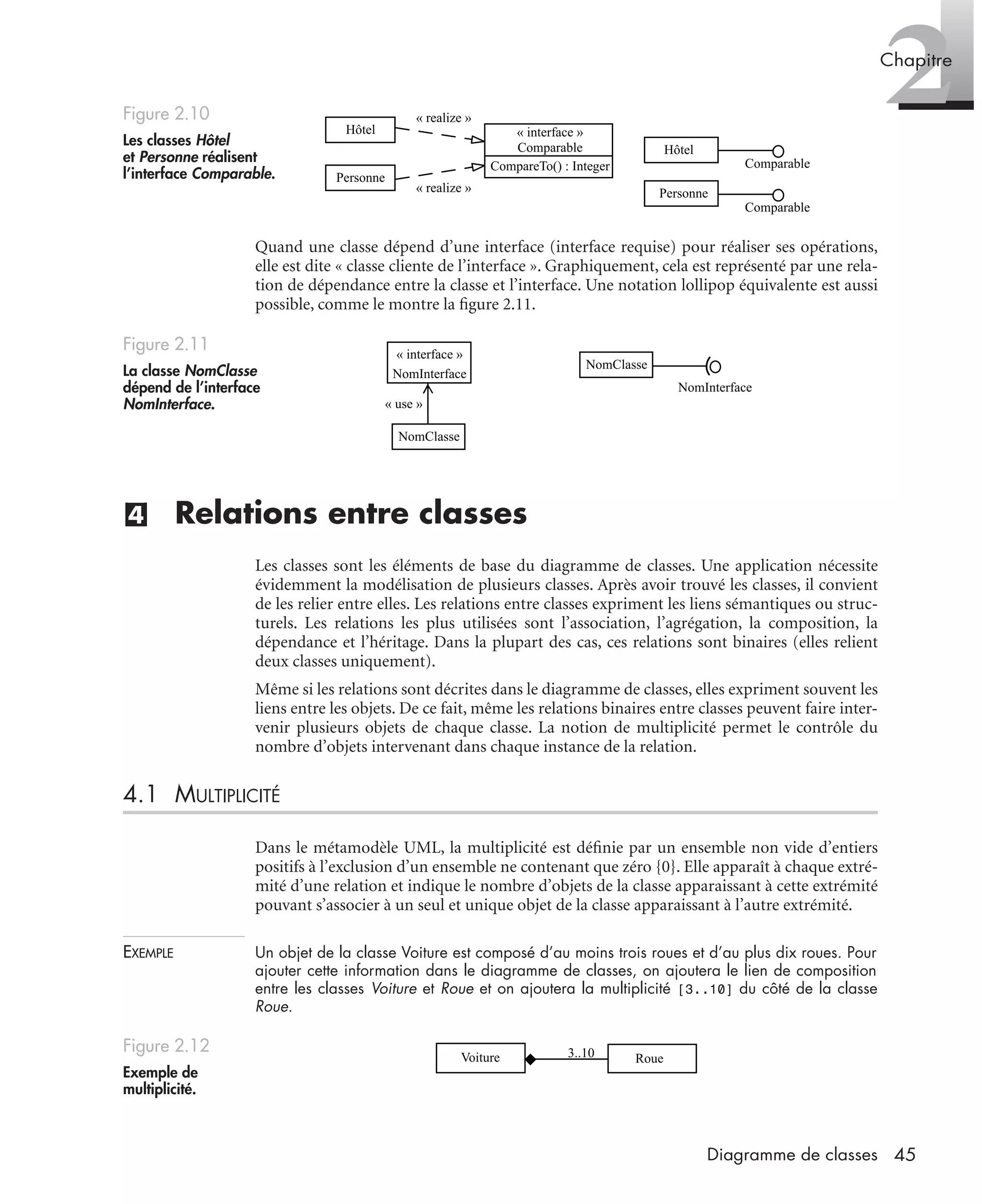 2Chapitre
45Diagramme de classes
Quand une classe dépend d’une interface (interface requise) pour réaliser ses opérations,
elle est dite « classe cliente de l’interface ». Graphiquement, cela est représenté par une rela-
tion de dépendance entre la classe et l’interface. Une notation lollipop équivalente est aussi
possible, comme le montre la ﬁgure 2.11.
(4) Relations entre classes
Les classes sont les éléments de base du diagramme de classes. Une application nécessite
évidemment la modélisation de plusieurs classes. Après avoir trouvé les classes, il convient
de les relier entre elles. Les relations entre classes expriment les liens sémantiques ou struc-
turels. Les relations les plus utilisées sont l’association, l’agrégation, la composition, la
dépendance et l’héritage. Dans la plupart des cas, ces relations sont binaires (elles relient
deux classes uniquement).
Même si les relations sont décrites dans le diagramme de classes, elles expriment souvent les
liens entre les objets. De ce fait, même les relations binaires entre classes peuvent faire inter-
venir plusieurs objets de chaque classe. La notion de multiplicité permet le contrôle du
nombre d’objets intervenant dans chaque instance de la relation.
4.1 MULTIPLICITÉ
Dans le métamodèle UML, la multiplicité est déﬁnie par un ensemble non vide d’entiers
positifs à l’exclusion d’un ensemble ne contenant que zéro {0}. Elle apparaît à chaque extré-
mité d’une relation et indique le nombre d’objets de la classe apparaissant à cette extrémité
pouvant s’associer à un seul et unique objet de la classe apparaissant à l’autre extrémité.
EXEMPLE Un objet de la classe Voiture est composé d’au moins trois roues et d’au plus dix roues. Pour
ajouter cette information dans le diagramme de classes, on ajoutera le lien de composition
entre les classes Voiture et Roue et on ajoutera la multiplicité [3..10] du côté de la classe
Roue.
Figure 2.10
Les classes Hôtel
et Personne réalisent
l’interface Comparable.
Figure 2.11
La classe NomClasse
dépend de l’interface
NomInterface.
Figure 2.12
Exemple de
multiplicité.
Hôtel
Personne
« interface »
Comparable
CompareTo() : Integer
« realize »
« realize »
Hôtel
Comparable
Comparable
Personne
NomInterface
NomClasse
« interface »
NomInterface
« use »
NomClasse
Voiture Roue3..10
UML2 Livre Page 45 Vendredi, 14. d cembre 2007 7:24 07
 