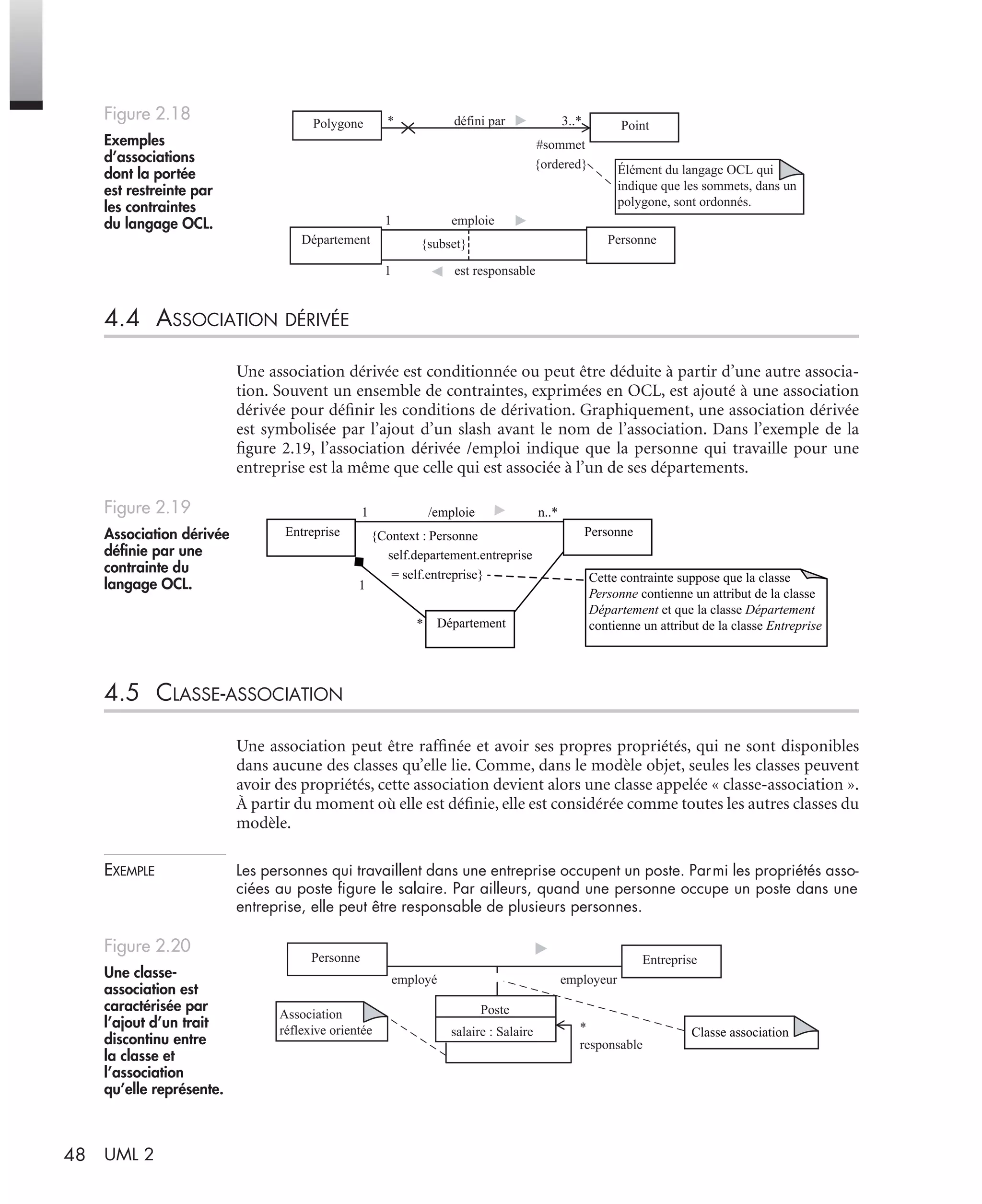 48 UML 2
4.4 ASSOCIATION DÉRIVÉE
Une association dérivée est conditionnée ou peut être déduite à partir d’une autre associa-
tion. Souvent un ensemble de contraintes, exprimées en OCL, est ajouté à une association
dérivée pour déﬁnir les conditions de dérivation. Graphiquement, une association dérivée
est symbolisée par l’ajout d’un slash avant le nom de l’association. Dans l’exemple de la
ﬁgure 2.19, l’association dérivée /emploi indique que la personne qui travaille pour une
entreprise est la même que celle qui est associée à l’un de ses départements.
4.5 CLASSE-ASSOCIATION
Une association peut être rafﬁnée et avoir ses propres propriétés, qui ne sont disponibles
dans aucune des classes qu’elle lie. Comme, dans le modèle objet, seules les classes peuvent
avoir des propriétés, cette association devient alors une classe appelée « classe-association ».
À partir du moment où elle est déﬁnie, elle est considérée comme toutes les autres classes du
modèle.
EXEMPLE Les personnes qui travaillent dans une entreprise occupent un poste. Parmi les propriétés asso-
ciées au poste ﬁgure le salaire. Par ailleurs, quand une personne occupe un poste dans une
entreprise, elle peut être responsable de plusieurs personnes.
Figure 2.18
Exemples
d’associations
dont la portée
est restreinte par
les contraintes
du langage OCL.
Figure 2.19
Association dérivée
déﬁnie par une
contrainte du
langage OCL.
Figure 2.20
Une classe-
association est
caractérisée par
l’ajout d’un trait
discontinu entre
la classe et
l’association
qu’elle représente.
Polygone Point* défini par 3..*
#sommet
{ordered}
Département Personne
1 emploie
{subset}
1 est responsable
Élément du langage OCL qui
indique que les sommets, dans un
polygone, sont ordonnés.
Entreprise Personne
1 /emploie n..*
{Context : Personne
self.departement.entreprise
= self.entreprise}
Département
Cette contrainte suppose que la classe
Personne contienne un attribut de la classe
Département et que la classe Département
contienne un attribut de la classe Entreprise
1
*
Personne Entreprise
employé employeur
Poste
salaire : Salaire *
responsable
Classe association
Association
réflexive orientée
UML2 Livre Page 48 Vendredi, 14. d cembre 2007 7:24 07
 