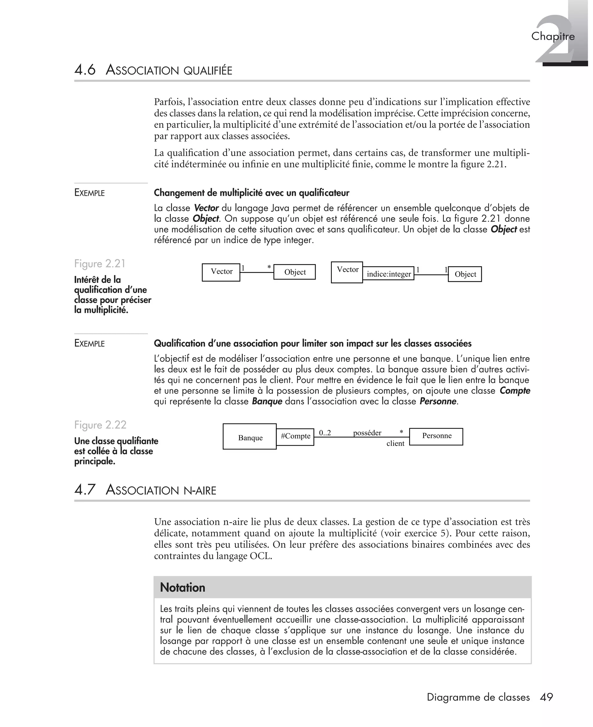 2Chapitre
49Diagramme de classes
4.6 ASSOCIATION QUALIFIÉE
Parfois, l’association entre deux classes donne peu d’indications sur l’implication effective
des classes dans la relation, ce qui rend la modélisation imprécise. Cette imprécision concerne,
en particulier, la multiplicité d’une extrémité de l’association et/ou la portée de l’association
par rapport aux classes associées.
La qualiﬁcation d’une association permet, dans certains cas, de transformer une multipli-
cité indéterminée ou inﬁnie en une multiplicité ﬁnie, comme le montre la ﬁgure 2.21.
EXEMPLE Changement de multiplicité avec un qualiﬁcateur
La classe Vector du langage Java permet de référencer un ensemble quelconque d’objets de
la classe Object. On suppose qu’un objet est référencé une seule fois. La ﬁgure 2.21 donne
une modélisation de cette situation avec et sans qualiﬁcateur. Un objet de la classe Object est
référencé par un indice de type integer.
EXEMPLE Qualiﬁcation d’une association pour limiter son impact sur les classes associées
L’objectif est de modéliser l’association entre une personne et une banque. L’unique lien entre
les deux est le fait de posséder au plus deux comptes. La banque assure bien d’autres activi-
tés qui ne concernent pas le client. Pour mettre en évidence le fait que le lien entre la banque
et une personne se limite à la possession de plusieurs comptes, on ajoute une classe Compte
qui représente la classe Banque dans l’association avec la classe Personne.
4.7 ASSOCIATION N-AIRE
Une association n-aire lie plus de deux classes. La gestion de ce type d’association est très
délicate, notamment quand on ajoute la multiplicité (voir exercice 5). Pour cette raison,
elles sont très peu utilisées. On leur préfère des associations binaires combinées avec des
contraintes du langage OCL.
Figure 2.21
Intérêt de la
qualiﬁcation d’une
classe pour préciser
la multiplicité.
Figure 2.22
Une classe qualiﬁante
est collée à la classe
principale.
Notation
Les traits pleins qui viennent de toutes les classes associées convergent vers un losange cen-
tral pouvant éventuellement accueillir une classe-association. La multiplicité apparaissant
sur le lien de chaque classe s’applique sur une instance du losange. Une instance du
losange par rapport à une classe est un ensemble contenant une seule et unique instance
de chacune des classes, à l’exclusion de la classe-association et de la classe considérée.
Object
1 *Vector Object
1 1
indice:integer
Vector
Banque Personne0..2 posséder *#Compte
client
Banque Personne0..2 posséder *#Compte
client
UML2 Livre Page 49 Vendredi, 14. d cembre 2007 7:24 07
 
