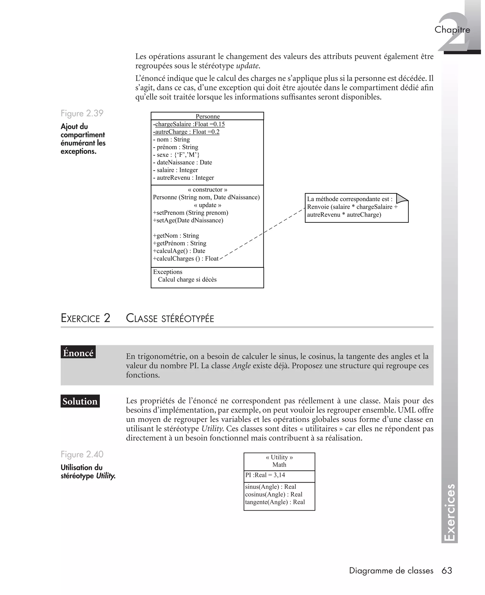 Exercices
2Chapitre
63Diagramme de classes
Les opérations assurant le changement des valeurs des attributs peuvent également être
regroupées sous le stéréotype update.
L’énoncé indique que le calcul des charges ne s’applique plus si la personne est décédée. Il
s’agit, dans ce cas, d’une exception qui doit être ajoutée dans le compartiment dédié aﬁn
qu’elle soit traitée lorsque les informations sufﬁsantes seront disponibles.
EXERCICE 2 CLASSE STÉRÉOTYPÉE
Les propriétés de l’énoncé ne correspondent pas réellement à une classe. Mais pour des
besoins d’implémentation, par exemple, on peut vouloir les regrouper ensemble. UML offre
un moyen de regrouper les variables et les opérations globales sous forme d’une classe en
utilisant le stéréotype Utility. Ces classes sont dites « utilitaires » car elles ne répondent pas
directement à un besoin fonctionnel mais contribuent à sa réalisation.
Figure 2.39
Ajout du
compartiment
énumérant les
exceptions.
En trigonométrie, on a besoin de calculer le sinus, le cosinus, la tangente des angles et la
valeur du nombre PI. La classe Angle existe déjà. Proposez une structure qui regroupe ces
fonctions.
Figure 2.40
Utilisation du
stéréotype Utility.
Personne
-chargeSalaire :Float =0.15
-autreCharge : Float =0.2
- nom : String
- prénom : String
- sexe : {‘F’,’M’}
- dateNaissance : Date
- salaire : Integer
- autreRevenu : Integer
« constructor »
Personne (String nom, Date dNaissance)
« update »
+setPrenom (String prenom)
+setAge(Date dNaissance)
+getNom : String
+getPrénom : String
+calculAge() : Date
+calculCharges () : Float
Exceptions
Calcul charge si décès
La méthode correspondante est :
Renvoie (salaire * chargeSalaire +
autreRevenu * autreCharge)
« Utility »
Math
PI :Real = 3,14
sinus(Angle) : Real
cosinus(Angle) : Real
tangente(Angle) : Real
UML2 Livre Page 63 Vendredi, 14. d cembre 2007 7:24 07
 