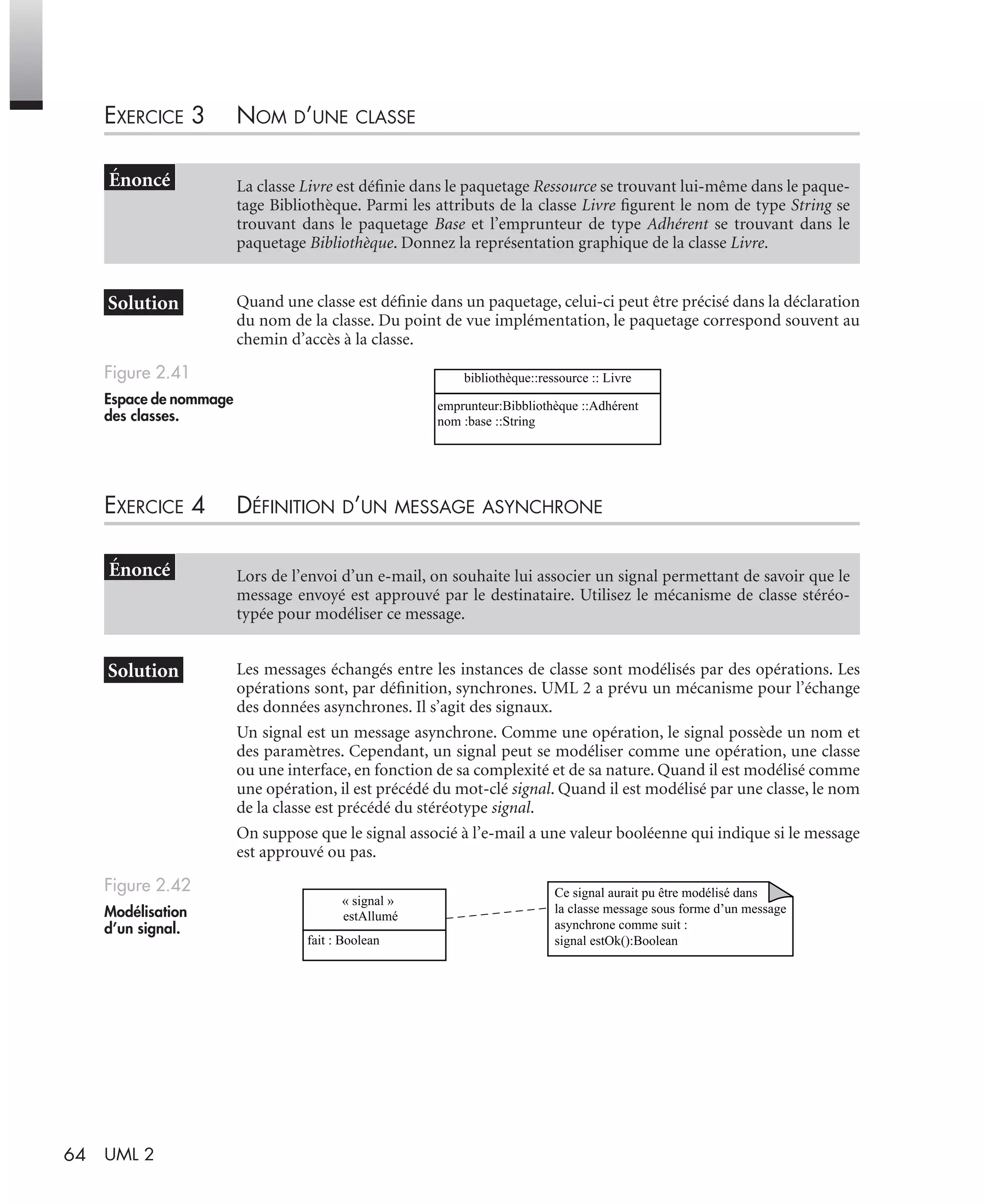 64 UML 2
EXERCICE 3 NOM D’UNE CLASSE
Quand une classe est déﬁnie dans un paquetage, celui-ci peut être précisé dans la déclaration
du nom de la classe. Du point de vue implémentation, le paquetage correspond souvent au
chemin d’accès à la classe.
EXERCICE 4 DÉFINITION D’UN MESSAGE ASYNCHRONE
Les messages échangés entre les instances de classe sont modélisés par des opérations. Les
opérations sont, par déﬁnition, synchrones. UML 2 a prévu un mécanisme pour l’échange
des données asynchrones. Il s’agit des signaux.
Un signal est un message asynchrone. Comme une opération, le signal possède un nom et
des paramètres. Cependant, un signal peut se modéliser comme une opération, une classe
ou une interface, en fonction de sa complexité et de sa nature. Quand il est modélisé comme
une opération, il est précédé du mot-clé signal. Quand il est modélisé par une classe, le nom
de la classe est précédé du stéréotype signal.
On suppose que le signal associé à l’e-mail a une valeur booléenne qui indique si le message
est approuvé ou pas.
La classe Livre est déﬁnie dans le paquetage Ressource se trouvant lui-même dans le paque-
tage Bibliothèque. Parmi les attributs de la classe Livre ﬁgurent le nom de type String se
trouvant dans le paquetage Base et l’emprunteur de type Adhérent se trouvant dans le
paquetage Bibliothèque. Donnez la représentation graphique de la classe Livre.
Figure 2.41
Espace de nommage
des classes.
Lors de l’envoi d’un e-mail, on souhaite lui associer un signal permettant de savoir que le
message envoyé est approuvé par le destinataire. Utilisez le mécanisme de classe stéréo-
typée pour modéliser ce message.
Figure 2.42
Modélisation
d’un signal.
bibliothèque::ressource :: Livre
emprunteur:Bibbliothèque ::Adhérent
nom :base ::String
« signal »
estAllumé
fait : Boolean
Ce signal aurait pu être modélisé dans
la classe message sous forme d’un message
asynchrone comme suit :
signal estOk():Boolean
UML2 Livre Page 64 Vendredi, 14. d cembre 2007 7:24 07
 