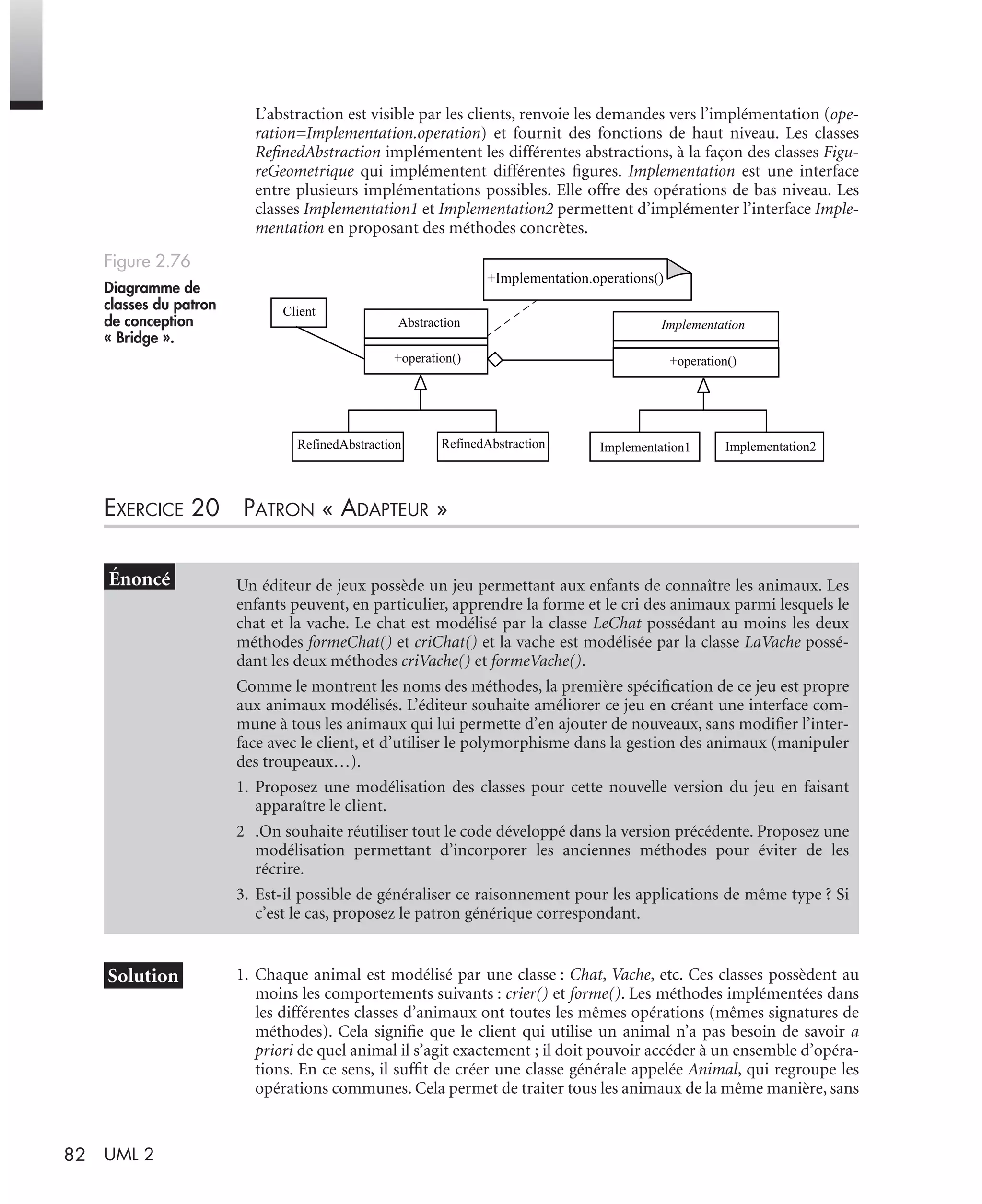 82 UML 2
L’abstraction est visible par les clients, renvoie les demandes vers l’implémentation (ope-
ration=Implementation.operation) et fournit des fonctions de haut niveau. Les classes
ReﬁnedAbstraction implémentent les différentes abstractions, à la façon des classes Figu-
reGeometrique qui implémentent différentes ﬁgures. Implementation est une interface
entre plusieurs implémentations possibles. Elle offre des opérations de bas niveau. Les
classes Implementation1 et Implementation2 permettent d’implémenter l’interface Imple-
mentation en proposant des méthodes concrètes.
EXERCICE 20 PATRON « ADAPTEUR »
1. Chaque animal est modélisé par une classe : Chat, Vache, etc. Ces classes possèdent au
moins les comportements suivants : crier() et forme(). Les méthodes implémentées dans
les différentes classes d’animaux ont toutes les mêmes opérations (mêmes signatures de
méthodes). Cela signiﬁe que le client qui utilise un animal n’a pas besoin de savoir a
priori de quel animal il s’agit exactement ; il doit pouvoir accéder à un ensemble d’opéra-
tions. En ce sens, il sufﬁt de créer une classe générale appelée Animal, qui regroupe les
opérations communes. Cela permet de traiter tous les animaux de la même manière, sans
Figure 2.76
Diagramme de
classes du patron
de conception
« Bridge ».
Un éditeur de jeux possède un jeu permettant aux enfants de connaître les animaux. Les
enfants peuvent, en particulier, apprendre la forme et le cri des animaux parmi lesquels le
chat et la vache. Le chat est modélisé par la classe LeChat possédant au moins les deux
méthodes formeChat() et criChat() et la vache est modélisée par la classe LaVache possé-
dant les deux méthodes criVache() et formeVache().
Comme le montrent les noms des méthodes, la première spéciﬁcation de ce jeu est propre
aux animaux modélisés. L’éditeur souhaite améliorer ce jeu en créant une interface com-
mune à tous les animaux qui lui permette d’en ajouter de nouveaux, sans modiﬁer l’inter-
face avec le client, et d’utiliser le polymorphisme dans la gestion des animaux (manipuler
des troupeaux…).
1. Proposez une modélisation des classes pour cette nouvelle version du jeu en faisant
apparaître le client.
2 .On souhaite réutiliser tout le code développé dans la version précédente. Proposez une
modélisation permettant d’incorporer les anciennes méthodes pour éviter de les
récrire.
3. Est-il possible de généraliser ce raisonnement pour les applications de même type ? Si
c’est le cas, proposez le patron générique correspondant.
+operation()
Client
RefinedAbstraction RefinedAbstraction
+operation()
Implementation1 Implementation2
Abstraction Implementation
+Implementation.operations()
UML2 Livre Page 82 Vendredi, 14. d cembre 2007 7:24 07
 