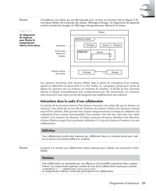 3Chapitre
89Diagramme d’interaction
EXEMPLE Considérons une classe qui est décomposée pour montrer sa structure interne (ﬁgure 3.5) :
une classe Moteur est composée des classes Allumage et Bougie. Un diagramme de séquence
montre comment les bougies et l’allumage interagissent pour démarrer le moteur.
Les classeurs structurés sont surtout utilisés dans la phase de conception d’un système,
quand on détermine la façon dont il va être réalisé. Le concepteur prend pour point de
départ les classeurs mis en évidence au moment de l’analyse ; il décide de leur structure
interne et illustre éventuellement leur comportement par des interactions. Les classeurs
ainsi structurés sont repris par les développeurs qui implémentent une solution.
Interactions dans le cadre d’une collaboration
Les parties de la structure interne d’un classeur structuré sont créées dès que le classeur est
instancié. Leur durée de vie est celle de l’instance du classeur. Parfois, des instances existent
avant d’être utilisées. Elles peuvent être réunies temporairement, le temps de collaborer à la
réalisation d’une certaine fonctionnalité d’un système. Une fois leur rôle joué, leur tâche
s’achève et la réunion est dissoute. Certaines instances devenues obsolètes sont détruites,
d’autres libérées jusqu’à leur prochaine utilisation. Ce type de réunion d’instances est une
collaboration.
EXEMPLE La ﬁgure 3.6 montre une collaboration entre instances pour réaliser une transaction immo-
bilière.
Figure 3.5
Un diagramme
de séquence
pour illustrer le
comportement
interne d’une classe.
Déﬁnition
Une collaboration montre des instances qui collaborent dans un contexte donné pour met-
tre en œuvre une fonctionnalité d’un système.
Notation
Une collaboration se représente par une ellipse en trait pointillé comprenant deux compar-
timents. Le compartiment supérieur contient le nom de la collaboration ayant pour syntaxe :
<nomDuRôle>[’:’ <NomDuType>][multiplicité]
Le compartiment inférieur montre les participants à la collaboration.
Moteur
sd allumer moteur
: Allumage bougie [ i ] : Bougies
loop( 1,4) allumer
boucle pour
allumer les
bougies
structure interne
de la classe
interaction
: Allumage : Bougies
1..4
UML2 Livre Page 89 Vendredi, 14. d cembre 2007 7:24 07
 