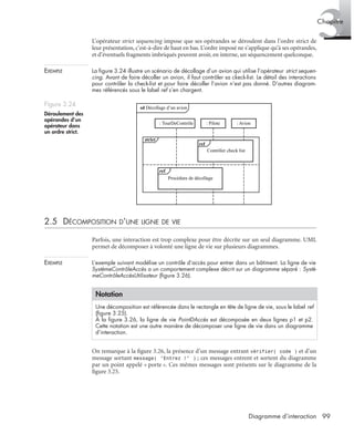 3Chapitre
99Diagramme d’interaction
L’opérateur strict sequencing impose que ses opérandes se déroulent dans l’ordre strict de
leur présentation, c’est-à-dire de haut en bas. L’ordre imposé ne s’applique qu’à ses opérandes,
et d’éventuels fragments imbriqués peuvent avoir, en interne, un séquencement quelconque.
EXEMPLE La ﬁgure 3.24 illustre un scénario de décollage d’un avion qui utilise l’opérateur strict sequen-
cing. Avant de faire décoller un avion, il faut contrôler sa ckeck-list. Le détail des interactions
pour contrôler la check-list et pour faire décoller l’avion n’est pas donné. D’autres diagram-
mes référencés sous le label ref s’en chargent.
2.5 DÉCOMPOSITION D’UNE LIGNE DE VIE
Parfois, une interaction est trop complexe pour être décrite sur un seul diagramme. UML
permet de décomposer à volonté une ligne de vie sur plusieurs diagrammes.
EXEMPLE L’exemple suivant modélise un contrôle d’accès pour entrer dans un bâtiment. La ligne de vie
SystèmeContrôleAccès a un comportement complexe décrit sur un diagramme séparé : Systè-
meContrôleAccèsUtilisateur (ﬁgure 3.26).
On remarque à la ﬁgure 3.26, la présence d’un message entrant vérifier( code ) et d’un
message sortant message( "Entrez !" ) ; ces messages entrent et sortent du diagramme
par un point appelé « porte ». Ces mêmes messages sont présents sur le diagramme de la
ﬁgure 3.25.
Figure 3.24
Déroulement des
opérandes d’un
opérateur dans
un ordre strict.
Notation
Une décomposition est référencée dans le rectangle en tête de ligne de vie, sous le label ref
(ﬁgure 3.25).
À la ﬁgure 3.26, la ligne de vie PointDAccès est décomposée en deux lignes p1 et p2.
Cette notation est une autre manière de décomposer une ligne de vie dans un diagramme
d’interaction.
strict
ref
ref
sd Décollage d’un avion
Contrôler check list
: Avion: Pilote: TourDeContrôle
Procédure de décollage
UML2 Livre Page 99 Vendredi, 14. d cembre 2007 7:24 07
 