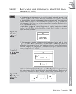 Exercices
3Chapitre
125Diagramme d’interaction
EXERCICE 11 DIAGRAMMES DE SÉQUENCE POUR ILLUSTRER LES INTERACTIONS DANS
UN CLASSEUR STRUCTURÉ
Au moment de la conception d’un système, le concepteur part du résultat de l’analyse (qui
a déﬁni ce que doit faire le système), et cherche comment réaliser ce système. Il procède
par décompositions successives des classes pour déﬁnir les structures de données sous-
jacentes. Le but de cet exercice est d’utiliser les classeurs structurés d’UML pour décom-
poser une classe, puis d’illustrer les interactions entre les éléments d’un classeur structuré
par un diagramme de séquence.
Une ﬁle est une structure de données dans laquelle les données sont ajoutées à la ﬁn et
extraites à partir du début. La ﬁle est modélisée par une classe possédant les opérations
ajouter et extraire (ﬁgure 3.64).
Figure 3.64
Une classe
représentant
une ﬁle.
Un classeur structuré peut être utilisé pour montrer la structure interne de la ﬁle (ﬁgure
3.65). Le concepteur choisit d’implémenter la ﬁle en recourant à un tableau (une ﬁle est un
tableau dans lequel on a restreint les accès aux deux extrémités). Aﬁn de décrire le com-
portement du tableau lors de l’extraction d’un élément, le concepteur décide d’utiliser une
interaction appelée Extraire de la ﬁle.
Figure 3.65
La ﬁle vue comme
un classeur
structuré.
Représentez l’interaction Extraire de la ﬁle à l’aide d’un diagramme de séquence. Indica-
tion : la façon la plus simple d’extraire le premier élément d’un tableau est de mémoriser la
valeur de celui-ci avant de décaler les éléments suivants, comme le montre la ﬁgure 3.66.
Figure 3.66
Extraire le premier
élément d’un
tableau.
File
ajouter( Donnée )
extraire() : Donnée
File
Extraire de la file
: Tableau
ref
mémoriser
UML2 Livre Page 125 Vendredi, 14. d cembre 2007 7:24 07
 