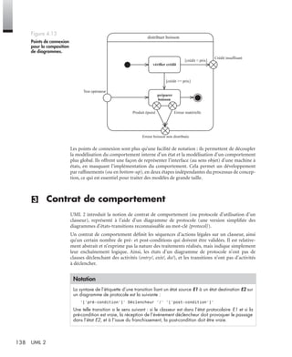 138 UML 2
Les points de connexion sont plus qu’une facilité de notation : ils permettent de découpler
la modélisation du comportement interne d’un état et la modélisation d’un comportement
plus global. Ils offrent une façon de représenter l’interface (au sens objet) d’une machine à
états, en masquant l’implémentation du comportement. Cela permet un développement
par rafﬁnements (ou en bottom-up), en deux étapes indépendantes du processus de concep-
tion, ce qui est essentiel pour traiter des modèles de grande taille.
(3) Contrat de comportement
UML 2 introduit la notion de contrat de comportement (ou protocole d’utilisation d’un
classeur), représenté à l’aide d’un diagramme de protocole (une version simpliﬁée des
diagrammes d’états-transitions reconnaissable au mot-clé {protocol}).
Un contrat de comportement déﬁnit les séquences d’actions légales sur un classeur, ainsi
qu’un certain nombre de pré- et post-conditions qui doivent être validées. Il est relative-
ment abstrait et n’exprime pas la nature des traitements réalisés, mais indique simplement
leur enchaînement logique. Ainsi, les états d’un diagramme de protocole n’ont pas de
clauses déclenchant des activités (entry/, exit/, do/), et les transitions n’ont pas d’activités
à déclencher.
Figure 4.13
Points de connexion
pour la composition
de diagrammes.
Notation
La syntaxe de l’étiquette d’une transition liant un état source E1 à un état destination E2 sur
un diagramme de protocole est la suivante :
’[’pré-condition’]’ Déclencheur ’/’ ’[’post-condition’]’
Une telle transition a le sens suivant : si le classeur est dans l’état protocolaire E1 et si la
pré-condition est vraie, la réception de l’événement déclencheur doit provoquer le passage
dans l’état E2, et à l’issue du franchissement, la post-condition doit être vraie.
distribuer boisson
vérifier crédit
préparer
boisson
Test opérateur
Produit épuisé
Crédit insuffisant
Erreur boisson non distribuée
Erreur matérielle
[crédit < prix]
[crédit >= prix]
UML2 Livre Page 138 Vendredi, 14. d cembre 2007 7:24 07
 