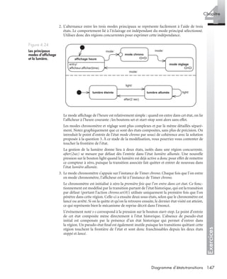 Exercices
4Chapitre
147Diagramme d’états-transitions
2. L’alternance entre les trois modes principaux se représente facilement à l’aide de trois
états. Le comportement lié à l’éclairage est indépendant du mode principal sélectionné.
Utilisez donc des régions concurrentes pour exprimer cette indépendance.
Le mode afﬁchage de l’heure est relativement simple : quand on entre dans cet état, on lie
l’afﬁcheur à l’heure courante ; les boutons set et start-stop sont alors sans effet.
Les modes chronomètre et réglage sont plus complexes et par là même détaillés séparé-
ment. Notez graphiquement que ce sont des états composites, sans plus de précision. On
introduit le point d’entrée de l’état mode chrono par souci de cohérence avec la solution
proposée à la question 3. À ce stade de la modélisation, vous pourriez vous contenter de
toucher la frontière de l’état.
La gestion de la lumière donne lieu à deux états, isolés dans une région concurrente.
after(2sec) se mesure par défaut dès l’entrée dans l’état lumière allumée. Une nouvelle
pression sur le bouton light quand la lumière est déjà active a donc pour effet de remettre
ce compteur à zéro, puisque la transition associée fait quitter et entrer de nouveau dans
l’état lumière allumée.
3. Le mode chronomètre s’appuie sur l’instance de Timer chrono. Chaque fois que l’on entre
en mode chronomètre, l’afﬁcheur est lié à l’instance de Timer chrono.
Le chronomètre est initialisé à zéro la première fois que l’on entre dans cet état. Ce fonc-
tionnement est modélisé par la transition partant de l’état historique, qui est la transition
par défaut (portant l’action chrono.set(0)) utilisée uniquement la première fois que l’on
pénètre dans cette région. Celle-ci a ensuite deux sous-états, selon que le chronomètre est
lancé ou arrêté. Si on la quitte et qu’on la retrouve ensuite, le dernier état visité est atteint,
ce qui représente bien le mécanisme de reprise décrit dans l’énoncé.
L’événement noté s-s correspond à la pression sur le bouton start-stop. Le point d’entrée
de cet état composite mène directement à l’état historique. L’absence de pseudo-état
initial est compensée par la présence d’un état historique qui permet d’entrer dans
la région. Un pseudo-état ﬁnal est également inutile puisque les transitions quittant cette
région touchent la frontière de l’état et sont donc franchissables depuis les deux états
stoppé et lancé.
Figure 4.24
Les principaux
modes d’afﬁchage
et la lumière.
entry/
afficheur.afficher(time)
affichage heure
mode chrono
mode réglage
lumière éteinte lumière allumée
mode/ mode/
mode/
light/
after(2 sec)
light/
UML2 Livre Page 147 Vendredi, 14. d cembre 2007 7:24 07
 