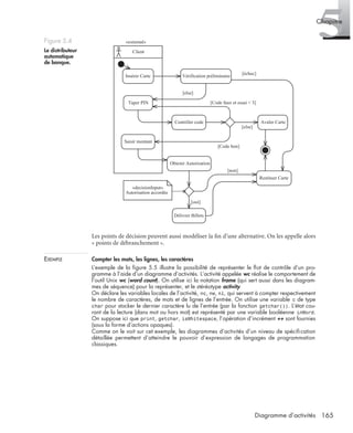 5Chapitre
165Diagramme d’activités
Les points de décision peuvent aussi modéliser la ﬁn d’une alternative. On les appelle alors
« points de débranchement ».
EXEMPLE Compter les mots, les lignes, les caractères
L’exemple de la ﬁgure 5.5 illustre la possibilité de représenter le ﬂot de contrôle d’un pro-
gramme à l’aide d’un diagramme d’activités. L’activité appelée wc réalise le comportement de
l’outil Unix wc (word count). On utilise ici la notation frame (qui sert aussi dans les diagram-
mes de séquence) pour la représenter, et le stéréotype activity.
On déclare les variables locales de l’activité, nc, nw, nl, qui servent à compter respectivement
le nombre de caractères, de mots et de lignes de l’entrée. On utilise une variable c de type
char pour stocker le dernier caractère lu de l’entrée (par la fonction getchar()). L’état cou-
rant de la lecture (dans mot ou hors mot) est représenté par une variable booléenne inWord.
On suppose ici que print, getchar, isWhitespace, l’opération d’incrément ++ sont fournies
(sous la forme d’actions opaques).
Comme on le voit sur cet exemple, les diagrammes d’activités d’un niveau de spéciﬁcation
détaillée permettent d’atteindre le pouvoir d’expression de langages de programmation
classiques.
Figure 5.4
Le distributeur
automatique
de banque.
Insérer Carte Vérification préliminaire
Taper PIN
Contrôler code
[Code faux et essai < 3]
Avaler Carte
[else]
Saisir montant
Délivrer Billets
[Code bon]
Obtenir Autorisation
Restituer Carte
[oui]
[non]
Client
[échec]
[else]
«decisionInput»
Autorisation accordée
«external»
UML2 Livre Page 165 Vendredi, 14. d cembre 2007 7:24 07
 