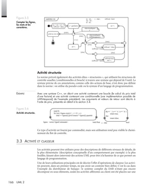 166 UML 2
Activité structurée
La norme prévoit également des activités dites « structurées », qui utilisent les structures de
contrôle usuelles (conditionnelles et boucle) à travers une syntaxe qui dépend de l’outil. La
syntaxe précise de ces annotations, comme celle des actions de base, n’est donc pas déﬁnie
dans la norme : on utilise du pseudo-code ou la syntaxe d’un langage de programmation.
EXEMPLE Avec une syntaxe C++, on décrit une activité contenant une boucle (le calcul du prix total
d’une facture) et une activité contenant une conditionnelle (une implémentation possible de
isWhitespace() de l’exemple précédent). Les arguments et valeurs de retour sont décrits à
l’aide de pins, présentés en détail à la section 3.4.
Ce type d’activité est fourni par commodité, mais son utilisation rend peu visible le chemi-
nement du ﬂot de contrôle.
3.3 ACTIVITÉ ET CLASSEUR
Les activités peuvent être utilisées pour des descriptions de différents niveaux de détails, de
la plus élémentaire (description conceptuelle d’un comportement par exemple) à la plus
fouillée, faisant alors intervenir des actions UML pour être à la hauteur de ce que permet un
langage de programmation.
Une de leurs utilisations principales est de décrire l’effet d’opérations de classeur. Les activi-
tés peuvent, dans un premier temps, ne pas avoir un contexte bien déﬁni. C’est le cas dans
l’exemple du distributeur de banque : le système complet du DAB n’étant pas encore
décomposé en sous-éléments, seules les activités afférentes au client ont été placées sur une
Figure 5.5
Compter les lignes,
les mots et les
caractères.
Figure 5.6
Activité structurée.
«activity» wc
c = getchar();
«decisionInput»
c
c : char ;
nc = nw = nl = 0;
inWord = false;
nl++;
print nc nw nl;
[EOF]
[‘n’]
[else]
inWord=true;
nw++;
inWord = false;
«decisionInput»
isWhitespace(c)
[true]
[else]
[inWord==false]
[inWord==true]
[else]
[else]
inWord : boolnc : int ;
nw : int ;
nl : int ;
nc++;
total=0;
for (int i=lignes.size()-1 ; i >= 0 ; i--)
total += lignes[i].prixUnitaire * lignes[i].quantité
if(c== || c== t || c== n )
return true;
else
return false;
lignes : vector<ligneCommande> total:float c : char bool
| | | | | |
UML2 Livre Page 166 Vendredi, 14. d cembre 2007 7:24 07
 