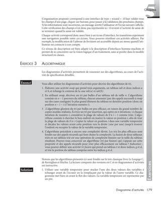 Exercices
5Chapitre
179Diagramme d’activités
L’organisation proposée correspond à une interface de type « wizard » : il faut valider tous
les champs d’une page, cliquer sur Suivant, pour passer à la validation des prochains champs.
Si les informations sont incorrectes, un message avertit l’utilisateur et l’écran suivant s’afﬁche.
Cette vériﬁcation des champs n’est donc pas représentée ici : il revient à l’activité de saisie de
se terminer quand la saisie est validée.
Chaque activité correspond donc assez bien à un écran d’interface, les transitions exprimant
une navigation possible entre ces écrans. Vous pourrez réutiliser ces activités ailleurs. Par
exemple, la modiﬁcation de l’adresse de livraison est accessible depuis un menu quand l’uti-
lisateur est connecté à son compte.
Ce niveau de description est bien adapté à la description d’interfaces homme-machine et
permet de se concentrer sur la vision logique d’un traitement, sans se perdre dans le modèle
structurel en classes.
EXERCICE 3 ALGORITHMIQUE
Les diagrammes d’activités permettent de raisonner sur des algorithmes, au cours de l’acti-
vité de spéciﬁcation détaillée.
Notons que les algorithmes présentés ici sont fondés sur le très classique livre Le Langage C,
de Kernighan et Ritchie. La lecture comparée des versions en C et en diagrammes d’activités
est instructive.
1. Utilisez une variable temporaire pour stocker l’une des deux valeurs des variables à
échanger avant de l’écraser en la remplaçant par la valeur de l’autre variable. Ce dia-
gramme met bien en avant le ﬂot des valeurs. La variable temporaire est représentée par
un pin.
Vous allez utiliser les diagrammes d’activités pour décrire des algorithmes de tri.
1. Élaborez une activité swap qui prend trois arguments, un tableau tab et deux indices a
et b, et échange le contenu de la case tab[a] et tab[b].
2. En utilisant swap, décrivez un tri par bulles d’un tableau tab de taille n. L’algorithme
consiste en n – 1 parcours du tableau, chacun amenant (par des appels successifs à swap
sur des cases contiguës) le plus grand élément du tableau en dernière position (donc en
position n – 1 – i à l’itération numéro i).
3 .L’algorithme glouton du tri par bulles est peu efﬁcace, en raison du grand nombre de
copies inutiles réalisées. Écrivez un tri par insertion, qui opère en n itérations : à chaque
itération de numéro i, considérez la plage de valeurs de 0 à i – 1 comme triée. L’algo-
rithme consiste à chercher le bon endroit où insérer la valeur en position i, aﬁn de trier
la plage de valeurs de 0 à i. Copiez la valeur en position i dans une variable temporaire
et décalez les valeurs avant cette position vers la droite (une par une) jusqu’à trouver
l’endroit ou recopier la valeur de la variable temporaire.
4. L’algorithme précédent a encore une complexité élevée. Les tris les plus efﬁcaces sont
fondés sur des appels récursifs qui font chuter la complexité. La fusion de deux tableaux
triés en un tableau trié est une opération de complexité linéaire sur la taille du tableau
résultant. Pouvez-vous concevoir un algorithme (tri par fusion) qui s’appuie sur cette
propriété et des appels récursifs pour trier plus efﬁcacement un tableau ? Indication :
vous pouvez déﬁnir une activité tri fusion qui prend un tableau t et deux indices, g et d,
et trie la portion du tableau comprise entre les indices g et d.
UML2 Livre Page 179 Vendredi, 14. d cembre 2007 7:24 07
 