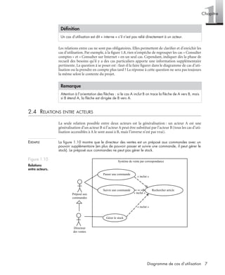 1Chapitre
7Diagramme de cas d’utilisation
Les relations entre cas ne sont pas obligatoires. Elles permettent de clariﬁer et d’enrichir les
cas d’utilisation. Par exemple, à la ﬁgure 1.8, rien n’empêche de regrouper les cas « Consulter
comptes » et « Consulter sur Internet » en un seul cas. Cependant, indiquer dès la phase de
recueil des besoins qu’il y a des cas particuliers apporte une information supplémentaire
pertinente. La question à se poser est : faut-il la faire ﬁgurer dans le diagramme de cas d’uti-
lisation ou la prendre en compte plus tard ? La réponse à cette question ne sera pas toujours
la même selon le contexte du projet.
2.4 RELATIONS ENTRE ACTEURS
La seule relation possible entre deux acteurs est la généralisation : un acteur A est une
généralisation d’un acteur B si l’acteur A peut être substitué par l’acteur B (tous les cas d’uti-
lisation accessibles à A le sont aussi à B, mais l’inverse n’est pas vrai).
EXEMPLE La ﬁgure 1.10 montre que le directeur des ventes est un préposé aux commandes avec un
pouvoir supplémentaire (en plus de pouvoir passer et suivre une commande, il peut gérer le
stock). Le préposé aux commandes ne peut pas gérer le stock.
Déﬁnition
Un cas d’utilisation est dit « interne » s’il n’est pas relié directement à un acteur.
Remarque
Attention à l’orientation des ﬂèches : si le cas A inclut B on trace la ﬂèche de A vers B, mais
si B étend A, la ﬂèche est dirigée de B vers A.
Figure 1.10
Relations
entre acteurs.
Préposé aux
commandes
Directeur
des ventes
Système de vente par correspondance
Passer une commande
Suivre une commande Rechercher article
Gérer le stock
« inclut »
« inclut »
« inclut »
UML2 Livre Page 7 Vendredi, 14. d cembre 2007 7:24 07
 
