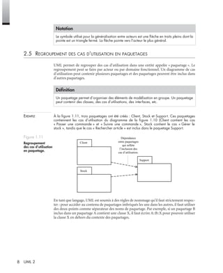 8 UML 2
2.5 REGROUPEMENT DES CAS D’UTILISATION EN PAQUETAGES
UML permet de regrouper des cas d’utilisation dans une entité appelée « paquetage ». Le
regroupement peut se faire par acteur ou par domaine fonctionnel. Un diagramme de cas
d’utilisation peut contenir plusieurs paquetages et des paquetages peuvent être inclus dans
d’autres paquetages.
EXEMPLE À la ﬁgure 1.11, trois paquetages ont été créés : Client, Stock et Support. Ces paquetages
contiennent les cas d’utilisation du diagramme de la ﬁgure 1.10 (Client contient les cas
« Passer une commande » et « Suivre une commande », Stock contient le cas « Gérer le
stock », tandis que le cas « Rechercher article » est inclus dans le paquetage Support.
En tant que langage, UML est soumis à des règles de nommage qu’il faut strictement respec-
ter : pour accéder au contenu de paquetages imbriqués les uns dans les autres, il faut utiliser
des deux-points comme séparateur des noms de paquetage. Par exemple, si un paquetage B
inclus dans un paquetage A contient une classe X, il faut écrire A::B::X pour pouvoir utiliser
la classe X en dehors du contexte des paquetages.
Notation
Le symbole utilisé pour la généralisation entre acteurs est une ﬂèche en traits pleins dont la
pointe est un triangle fermé. La ﬂèche pointe vers l’acteur le plus général.
Déﬁnition
Un paquetage permet d’organiser des éléments de modélisation en groupe. Un paquetage
peut contenir des classes, des cas d’utilisations, des interfaces, etc.
Figure 1.11
Regroupement
des cas d’utilisation
en paquetage.
Dépendance
entre paquetages
qui reflète
l’inclusion des
cas d’utilisation.
Client
Stock
Support
UML2 Livre Page 8 Vendredi, 14. d cembre 2007 7:24 07
 