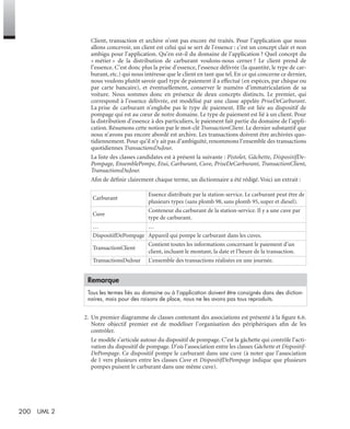 200 UML 2
Client, transaction et archive n’ont pas encore été traités. Pour l’application que nous
allons concevoir, un client est celui qui se sert de l’essence : c’est un concept clair et non
ambigu pour l’application. Qu’en est-il du domaine de l’application ? Quel concept du
« métier » de la distribution de carburant voulons-nous cerner ? Le client prend de
l’essence. C’est donc plus la prise d’essence, l’essence délivrée (la quantité, le type de car-
burant, etc.) qui nous intéresse que le client en tant que tel. En ce qui concerne ce dernier,
nous voulons plutôt savoir quel type de paiement il a effectué (en espèces, par chèque ou
par carte bancaire), et éventuellement, conserver le numéro d’immatriculation de sa
voiture. Nous sommes donc en présence de deux concepts distincts. Le premier, qui
correspond à l’essence délivrée, est modélisé par une classe appelée PriseDeCarburant.
La prise de carburant n’englobe pas le type de paiement. Elle est liée au dispositif de
pompage qui est au cœur de notre domaine. Le type de paiement est lié à un client. Pour
la distribution d’essence à des particuliers, le paiement fait partie du domaine de l’appli-
cation. Résumons cette notion par le mot-clé TransactionClient. Le dernier substantif que
nous n’avons pas encore abordé est archive. Les transactions doivent être archivées quo-
tidiennement. Pour qu’il n’y ait pas d’ambiguïté, renommons l’ensemble des transactions
quotidiennes TransactionsDuJour.
La liste des classes candidates est à présent la suivante : Pistolet, Gâchette, DispositifDe-
Pompage, EnsemblePompe, Etui, Carburant, Cuve, PriseDeCarburant, TransactionClient,
TransactionsDuJour.
Aﬁn de déﬁnir clairement chaque terme, un dictionnaire a été rédigé. Voici un extrait :
2. Un premier diagramme de classes contenant des associations est présenté à la ﬁgure 6.6.
Notre objectif premier est de modéliser l’organisation des périphériques aﬁn de les
contrôler.
Le modèle s’articule autour du dispositif de pompage. C’est la gâchette qui contrôle l’acti-
vation du dispositif de pompage. D’où l’association entre les classes Gâchette et Dispositif-
DePompage. Ce dispositif pompe le carburant dans une cuve (à noter que l’association
de 1 vers plusieurs entre les classes Cuve et DispositifDePompage indique que plusieurs
pompes puisent le carburant dans une même cuve).
Carburant
Essence distribuée par la station-service. Le carburant peut être de
plusieurs types (sans plomb 98, sans plomb 95, super et diesel).
Cuve
Conteneur du carburant de la station-service. Il y a une cuve par
type de carburant.
… …
DispositifDePompage Appareil qui pompe le carburant dans les cuves.
TransactionClient
Contient toutes les informations concernant le paiement d’un
client, incluant le montant, la date et l’heure de la transaction.
TransactionsDuJour L’ensemble des transactions réalisées en une journée.
Remarque
Tous les termes liés au domaine ou à l’application doivent être consignés dans des diction-
naires, mais pour des raisons de place, nous ne les avons pas tous reproduits.
UML2 Livre Page 200 Vendredi, 14. d cembre 2007 7:24 07
 