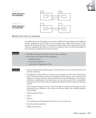 6Chapitre
205UML en pratique
MODÈLE DES ÉTATS DU DOMAINE
Le modèle des classes du domaine est à présent complet. Il n’a cependant pas été validé par
d’autres modèles qui vont l’éclairer sous un nouveau jour. Après avoir construit le dia-
gramme de classes du domaine, il faut à présent étudier chaque classe séparément et repérer
celles qui engendrent des objets au cycle de vie complexe. Pour ces classes particulières, il
faut construire un diagramme d’états-transitions.
1. Seules les classes DispositifDePompage et TransactionClient (avec ses classes dérivées) ont
des états complexes.
2. Un diagramme d’état débute au moment où une instance est créée. Étant donné que la
classe TransactionClient contient une opération abstraite (payer), elle ne peut pas être
instanciée. Ses classes dérivées (TransactionEnEspèces, TransactionBancaire et Transaction-
ParChèque) implémentent l’opération payer, ce qui leur permet d’être instanciables.
L’instanciation intervient dès que le pompiste sélectionne le mode de paiement choisi par
le client.
Il faut à présent imaginer des états. L’état d’un objet est souvent caractérisé par la valeur
instantanée de ses attributs et de ses liens vers d’autres objets. On en déduit plusieurs
états possibles :
• type de paiement choisi ;
• payée ;
• archivée.
Les événements qui déclenchent des transitions vers ces états sont :
• choix du mode de paiement ;
• valider la transaction.
Figure 6.12
Double dépendance
entre paquetages.
Figure 6.13
Simple dépendance
entre paquetages.
1. Identiﬁez des classes du domaine ayant des états complexes.
2. Pour chaque classe ayant des états complexes :
– déﬁnissez les états ;
– trouvez les événements ;
– construisez les diagrammes d’états.
A B
A B
UML2 Livre Page 205 Vendredi, 14. d cembre 2007 7:24 07
 