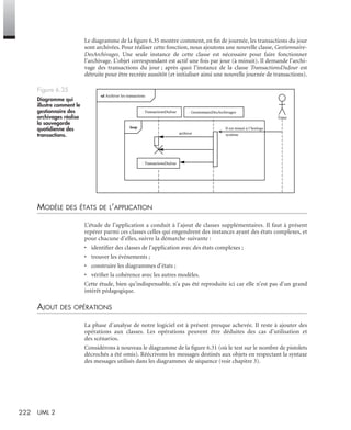 222 UML 2
Le diagramme de la ﬁgure 6.35 montre comment, en ﬁn de journée, les transactions du jour
sont archivées. Pour réaliser cette fonction, nous ajoutons une nouvelle classe, Gestionnaire-
DesArchivages. Une seule instance de cette classe est nécessaire pour faire fonctionner
l’archivage. L’objet correspondant est actif une fois par jour (à minuit). Il demande l’archi-
vage des transactions du jour ; après quoi l’instance de la classe TransactionsDuJour est
détruite pour être recréée aussitôt (et initialiser ainsi une nouvelle journée de transactions).
MODÈLE DES ÉTATS DE L’APPLICATION
L’étude de l’application a conduit à l’ajout de classes supplémentaires. Il faut à présent
repérer parmi ces classes celles qui engendrent des instances ayant des états complexes, et
pour chacune d’elles, suivre la démarche suivante :
• identiﬁer des classes de l’application avec des états complexes ;
• trouver les événements ;
• construire les diagrammes d’états ;
• vériﬁer la cohérence avec les autres modèles.
Cette étude, bien qu’indispensable, n’a pas été reproduite ici car elle n’est pas d’un grand
intérêt pédagogique.
AJOUT DES OPÉRATIONS
La phase d’analyse de notre logiciel est à présent presque achevée. Il reste à ajouter des
opérations aux classes. Les opérations peuvent être déduites des cas d’utilisation et
des scénarios.
Considérons à nouveau le diagramme de la ﬁgure 6.31 (où le test sur le nombre de pistolets
décrochés a été omis). Réécrivons les messages destinés aux objets en respectant la syntaxe
des messages utilisés dans les diagrammes de séquence (voir chapitre 3).
Figure 6.35
Diagramme qui
illustre comment le
gestionnaire des
archivages réalise
la sauvegarde
quotidienne des
transactions. archiver
Timer
sd Archiver les transactions
Il est minuit à l’horloge
système
: TransactionsDuJour
: TransactionsDuJour
: GestionnaireDesArchivages
loop
UML2 Livre Page 222 Vendredi, 14. d cembre 2007 7:24 07
 