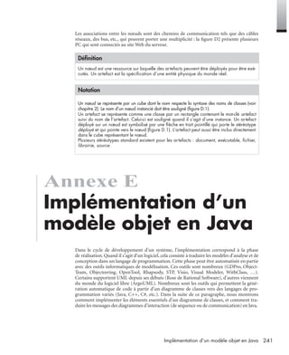 241Implémentation d’un modèle objet en Java
Les associations entre les nœuds sont des chemins de communication tels que des câbles
réseaux, des bus, etc., qui peuvent porter une multiplicité : la ﬁgure D2 présente plusieurs
PC qui sont connectés au site Web du serveur.
Annexe E
Implémentation d’un
modèle objet en Java
Dans le cycle de développement d’un système, l’implémentation correspond à la phase
de réalisation. Quand il s’agit d’un logiciel, cela consiste à traduire les modèles d’analyse et de
conception dans un langage de programmation. Cette phase peut être automatisée en partie
avec des outils informatiques de modélisation. Ces outils sont nombreux (GDPro, Object-
Team, Objecteering, OpenTool, Rhapsody, STP, Visio, Visual Modeler, WithClass, …).
Certains supportent UML depuis ses débuts (Rose de Rational Software), d’autres viennent
du monde du logiciel libre (ArgoUML). Nombreux sont les outils qui permettent la géné-
ration automatique de code à partir d’un diagramme de classes vers des langages de pro-
grammation variés (Java, C++, C#, etc.). Dans la suite de ce paragraphe, nous montrons
comment implémenter les éléments essentiels d’un diagramme de classes, et comment tra-
duire les messages des diagrammes d’interaction (de séquence ou de communication) en Java.
Déﬁnition
Un nœud est une ressource sur laquelle des artefacts peuvent être déployés pour être exé-
cutés. Un artefact est la spéciﬁcation d’une entité physique du monde réel.
Notation
Un nœud se représente par un cube dont le nom respecte la syntaxe des noms de classes (voir
chapitre 2). Le nom d’un nœud instancié doit être souligné (ﬁgure D.1).
Un artefact se représente comme une classe par un rectangle contenant le mot-clé artefact
suivi du nom de l’artefact. Celui-ci est souligné quand il s’agit d’une instance. Un artefact
déployé sur un nœud est symbolisé par une ﬂèche en trait pointillé qui porte le stéréotype
déployé et qui pointe vers le nœud (ﬁgure D.1). L’artefact peut aussi être inclus directement
dans le cube représentant le nœud.
Plusieurs stéréotypes standard existent pour les artefacts : document, exécutable, ﬁchier,
librairie, source.
UML2 Livre Page 241 Vendredi, 14. d cembre 2007 7:24 07
 