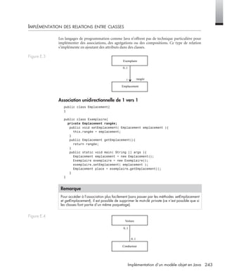 243Implémentation d’un modèle objet en Java
IMPLÉMENTATION DES RELATIONS ENTRE CLASSES
Les langages de programmation comme Java n’offrent pas de technique particulière pour
implémenter des associations, des agrégations ou des compositions. Ce type de relation
s’implémente en ajoutant des attributs dans des classes.
Association unidirectionnelle de 1 vers 1
public class Emplacement{
}
public class Exemplaire{
private Emplacement rangée;
public void setEmplacement( Emplacement emplacement ){
this.rangée = emplacement;
}
public Emplacement getEmplacement(){
return rangée;
}
public static void main( String [] args ){
Emplacement emplacement = new Emplacement();
Exemplaire exemplaire = new Exemplaire();
exemplaire.setEmplacement( emplacement );
Emplacement place = exemplaire.getEmplacement();
}
}
Figure E.3
Remarque
Pour accéder à l’association plus facilement (sans passer par les méthodes setEmplacement
et getEmplacement), il est possible de supprimer le mot-clé private (ce n’est possible que si
les classes font partie d’un même paquetage).
Figure E.4
Exemplaire
Emplacement
rangée
0..1
1
Voiture
0..1
0..1
Conducteur
UML2 Livre Page 243 Vendredi, 14. d cembre 2007 7:24 07
 