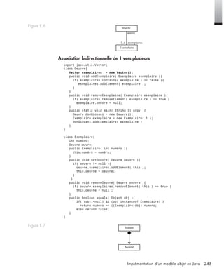 245Implémentation d’un modèle objet en Java
Association bidirectionnelle de 1 vers plusieurs
import java.util.Vector;
class Oeuvre{
Vector exemplaires = new Vector();
public void addExemplaire( Exemplaire exemplaire ){
if( exemplaires.contains( exemplaire ) == false ){
exemplaires.addElement( exemplaire );
}
}
public void removeExemplaire( Exemplaire exemplaire ){
if( exemplaires.removeElement( exemplaire ) == true )
exemplaire.oeuvre = null;
}
public static void main( String [] argv ){
Oeuvre donGiovani = new Oeuvre();
Exemplaire exemplaire = new Exemplaire( 1 );
donGiovani.addExemplaire( exemplaire );
}
}
class Exemplaire{
int numéro;
Oeuvre œuvre;
public Exemplaire( int numéro ){
this.numéro = numéro;
}
public void setOeuvre( Oeuvre oeuvre ){
if( oeuvre != null ){
oeuvre.exemplaires.addElement( this );
this.oeuvre = oeuvre;
}
}
public void removeOeuvre( Oeuvre oeuvre ){
if( oeuvre.exemplaires.removeElement( this ) == true )
this.oeuvre = null ;
}
public boolean equals( Object obj ){
if( (obj!=null) && (obj instanceof Exemplaire) )
return numero == ((Exemplaire)obj).numero;
else return false;
}
}
Figure E.6
Figure E.7
œuvre
exemplaires1..n
Exemplaire
Œuvre
Voiture
Moteur
UML2 Livre Page 245 Vendredi, 14. d cembre 2007 7:24 07
 