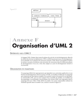 247Organisation d’UML 2
Annexe F
Organisation d’UML 2
DIFFÉRENTES VUES D’UML 2
Le langage UML s’intègre dans toutes les phases du cycle de vie du développement, allant de
la collecte des besoins au déploiement. UML ne déﬁnit pas de processus de développement.
Il est utilisable avec la plupart des processus existants. UML donne la possibilité d’utiliser
les mêmes concepts et notations, sans nécessiter de conversion, dans les différentes phases
de développement. Il est, de ce fait, bien adapté au cycle de développement itératif et
incrémental.
ORGANISATION EN PAQUETAGES
Un paquetage déﬁnit des regroupements qui répondent aux contraintes applicatives et aux
besoins du développement. Dans la version 2 d’UML, un modèle est déﬁni par un paquetage
qui comprend une description complète d’un système à partir d’un point de vue spéciﬁque.
Le métamodèle UML, qui est aussi composé d’un ensemble de modèles, est modélisé par
des paquetages. Les principales caractéristiques des normes OMG sont regroupées dans le
paquetage dit Core. UML, CWM, MOF, les proﬁls et les autres métamodèles utilisent les
standards spéciﬁés dans le modèle Core, comme le montre la ﬁgure F.1.
Figure E.9
sd Piloter
conduire
conducteur : Conducteur voiture : Voiture
demarrer
UML2 Livre Page 247 Vendredi, 14. d cembre 2007 7:24 07
 