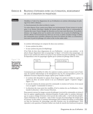 Exercices
1Chapitre
25Diagramme de cas d’utilisation
EXERCICE 6 RELATIONS D’EXTENSION ENTRE CAS D’UTILISATION, REGROUPEMENT
DE CAS D’UTILISATION EN PAQUETAGES
Le système informatique est composé de deux sous-systèmes :
• le sous-système du robot ;
• le sous-système du poste de télépilotage.
D’où l’idée de faire deux diagrammes de cas d’utilisation – un par sous-système – et de
placer chaque diagramme dans un paquetage. La ﬁgure 1.24 montre deux paquetages : un
pour le sous-système du robot et un pour le sous-système du poste de pilotage. La relation
de dépendance entre les paquetages signiﬁe que le système de pilotage utilise le robot.
Commençons par modéliser le robot. Ses capteurs (caméra, moteur et roues) sont à l’exté-
rieur du système informatique et ils interagissent avec lui. Ils correspondent a priori à la
déﬁnition d’acteurs. Reprenons chaque capteur pour l’étudier en détail :
• Le système doit demander la capture d’une image à la caméra et réaliser la capture. La
caméra est donc un acteur associé à un cas d’utilisation appelé « Capturer images »
(ﬁgure 1.25).
• Le sens de rotation du moteur peut être commandé. Le moteur est l’acteur ; il est associé
à un cas appelé « Commander le moteur ».
• La direction des roues peut être modiﬁée, d’où la création du cas d’utilisation « Com-
mander la direction » relié à l’acteur Direction.
Pour pouvoir envoyer les images au poste de pilotage et recevoir les commandes en retour, il
faut un capteur supplémentaire, émetteur/récepteur d’ondes radio. Le système informati-
que ne va pas se charger d’envoyer et de recevoir des ondes radio – c’est le rôle des périphé-
riques d’émission et de réception – mais il doit s’occuper du transcodage des images pour
les envoyer via des ondes. Le système informatique doit-il réaliser lui-même ce transcodage
ou bien les fonctions de transcodage sont-elles fournies avec les périphériques ? Pour
répondre à cette question, il faudrait réaliser une étude de marché des émetteurs/récepteurs
Modélisez à l’aide d’un diagramme de cas d’utilisation un système informatique de pilo-
tage d’un robot à distance.
Le fonctionnement du robot est décrit ci-après.
Un robot dispose d’une caméra pour ﬁlmer son environnement. Il peut avancer et reculer
grâce à un moteur électrique capable de tourner dans les deux sens et commandant la
rotation des roues. Il peut changer de direction car les roues sont directrices. Il est piloté à
distance : les images prises par la caméra sont envoyées vers un poste de télépilotage. Ce
dernier afﬁche l’environnement du robot sur un écran. Le pilote visualise l’image et utilise
des commandes pour contrôler à distance les roues et le moteur du robot. La communica-
tion entre le poste de pilotage et le robot se fait via des ondes radio.
Figure 1.24
Représentation
du système de
télépilotage d’un
robot par des
paquetages.
Robot Système de pilotage
UML2 Livre Page 25 Vendredi, 14. d cembre 2007 7:24 07
 
