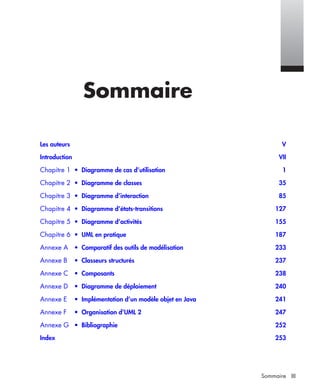 IIISommaire
Sommaire
Les auteurs V
Introduction VII
Chapitre 1 • Diagramme de cas d’utilisation 1
Chapitre 2 • Diagramme de classes 35
Chapitre 3 • Diagramme d’interaction 85
Chapitre 4 • Diagramme d’états-transitions 127
Chapitre 5 • Diagramme d’activités 155
Chapitre 6 • UML en pratique 187
Annexe A • Comparatif des outils de modélisation 233
Annexe B • Classeurs structurés 237
Annexe C • Composants 238
Annexe D • Diagramme de déploiement 240
Annexe E • Implémentation d’un modèle objet en Java 241
Annexe F • Organisation d’UML 2 247
Annexe G • Bibliographie 252
Index 253
UML2 Livre Page III Vendredi, 14. d cembre 2007 7:24 07
 