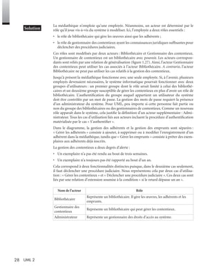 28 UML 2
La médiathèque n’emploie qu’une employée. Néanmoins, un acteur est déterminé par le
rôle qu’il joue vis-à-vis du système à modéliser. Ici, l’employée a deux rôles essentiels :
• le rôle de bibliothécaire qui gère les œuvres ainsi que les adhérents ;
• le rôle de gestionnaire des contentieux ayant les connaissances juridiques sufﬁsantes pour
déclencher des procédures judiciaires.
Ces rôles sont modélisés par deux acteurs : Bibliothécaire et Gestionnaire des contentieux.
Un gestionnaire de contentieux est un bibliothécaire avec pouvoir. Les acteurs correspon-
dants sont reliés par une relation de généralisation (ﬁgure 1.27). Ainsi, l’acteur Gestionnaire
des contentieux peut utiliser les cas associés à l’acteur Bibliothécaire. A contrario, l’acteur
Bibliothécaire ne peut pas utiliser les cas relatifs à la gestion des contentieux.
Jusqu’à présent la médiathèque fonctionne avec une seule employée. Si, à l’avenir, plusieurs
employés devenaient nécessaires, le système informatique pourrait fonctionner avec deux
groupes d’utilisateurs : un premier groupe dont le rôle serait limité à celui des bibliothé-
caires et un deuxième groupe susceptible de gérer les contentieux en plus d’avoir un rôle de
bibliothécaire. L’authentiﬁcation du groupe auquel appartient un utilisateur du système
doit être contrôlée par un mot de passe. La gestion des mots de passe requiert la présence
d’un administrateur du système. Pour UML, peu importe si cette personne fait partie ou
non du groupe des bibliothécaires ou des gestionnaires de contentieux. Comme un nouveau
rôle apparaît dans le système, cela justiﬁe la déﬁnition d’un acteur supplémentaire : Admi-
nistrateur. Tous les cas d’utilisation liés aux acteurs incluent la procédure d’authentiﬁcation
matérialisée par le cas « S’authentiﬁer ».
Dans le diagramme, la gestion des adhérents et la gestion des emprunts sont séparées :
« Gérer les adhérents » consiste à ajouter, à supprimer ou à modiﬁer l’enregistrement d’un
adhérent dans la médiathèque, tandis que « Gérer les emprunts » consiste à prêter des exem-
plaires aux adhérents déjà inscrits.
La gestion des contentieux a deux degrés d’alerte :
• Un exemplaire n’a pas été rendu au bout de trois semaines.
• Un exemplaire n’a toujours pas été rapporté au bout d’un an.
Cela correspond à deux fonctionnalités distinctes puisque, dans le deuxième cas seulement,
il faut déclencher une procédure judiciaire. Nous représentons cela par deux cas d’utilisa-
tion : « Gérer les contentieux » et « Déclencher une procédure judiciaire ». Ces deux cas sont
liés par une relation d’extension soumise à la condition « si le retard dépasse un an ».
Nom de l’acteur Rôle
Bibliothécaire
Représente un bibliothécaire. Il gère les œuvres, les adhérents et les
emprunts.
Gestionnaire des
contentieux
Représente un bibliothécaire qui peut gérer les contentieux.
Administrateur Représente un gestionnaire des droits d’accès au système.
UML2 Livre Page 28 Vendredi, 14. d cembre 2007 7:24 07
 