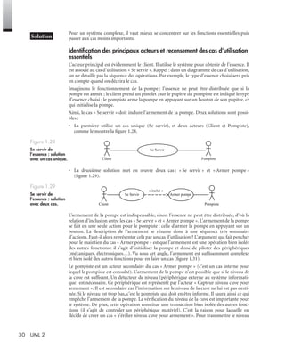 30 UML 2
Pour un système complexe, il vaut mieux se concentrer sur les fonctions essentielles puis
passer aux cas moins importants.
Identiﬁcation des principaux acteurs et recensement des cas d’utilisation
essentiels
L’acteur principal est évidemment le client. Il utilise le système pour obtenir de l’essence. Il
est associé au cas d’utilisation « Se servir ». Rappel : dans un diagramme de cas d’utilisation,
on ne détaille pas la séquence des opérations. Par exemple, le type d’essence choisi sera pris
en compte quand on décrira le cas.
Imaginons le fonctionnement de la pompe : l’essence ne peut être distribuée que si la
pompe est armée ; le client prend un pistolet ; sur le pupitre du pompiste est indiqué le type
d’essence choisi ; le pompiste arme la pompe en appuyant sur un bouton de son pupitre, ce
qui initialise la pompe.
Ainsi, le cas « Se servir » doit inclure l’armement de la pompe. Deux solutions sont possi-
bles :
• La première utilise un cas unique (Se servir), et deux acteurs (Client et Pompiste),
comme le montre la ﬁgure 1.28.
• La deuxième solution met en œuvre deux cas : « Se servir » et « Armer pompe »
(ﬁgure 1.29).
L’armement de la pompe est indispensable, sinon l’essence ne peut être distribuée, d’où la
relation d’inclusion entre les cas « Se servir » et « Armer pompe ». L’armement de la pompe
se fait en une seule action pour le pompiste : celle d’armer la pompe en appuyant sur un
bouton. La description de l’armement se résume donc à une séquence très sommaire
d’actions. Faut-il alors représenter cela par un cas d’utilisation ? L’argument qui fait pencher
pour le maintien du cas « Armer pompe » est que l’armement est une opération bien isolée
des autres fonctions : il s’agit d’initialiser la pompe et donc de piloter des périphériques
(mécaniques, électroniques…). Vu sous cet angle, l’armement est sufﬁsamment complexe
et bien isolé des autres fonctions pour en faire un cas (ﬁgure 1.31).
Le pompiste est un acteur secondaire du cas « Armer pompe » (c’est un cas interne pour
lequel le pompiste est consulté). L’armement de la pompe n’est possible que si le niveau de
la cuve est sufﬁsant. Un détecteur de niveau (périphérique externe au système informati-
que) est nécessaire. Ce périphérique est représenté par l’acteur « Capteur niveau cuve pour
armement ». Il est secondaire car l’information sur le niveau de la cuve ne lui est pas desti-
née. Si le niveau est trop bas, c’est le pompiste qui doit en être informé. Il saura ainsi ce qui
empêche l’armement de la pompe. La vériﬁcation du niveau de la cuve est importante pour
le système. De plus, cette opération constitue une transaction bien isolée des autres fonc-
tions (il s’agit de contrôler un périphérique matériel). C’est la raison pour laquelle on
décide de créer un cas « Vériﬁer niveau cuve pour armement ». Pour transmettre le niveau
Figure 1.28
Se servir de
l’essence : solution
avec un cas unique.
Figure 1.29
Se servir de
l’essence : solution
avec deux cas.
Se Servir
Client Pompiste
Client Pompiste
Se Servir Armer pompe
« inclut »
UML2 Livre Page 30 Vendredi, 14. d cembre 2007 7:24 07
 