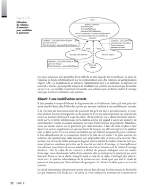 32 UML 2
Ces deux solutions sont possibles. Il est difﬁcile de dire laquelle est la meilleure. La suite de
l’exercice se fonde arbitrairement sur la représentation avec des relations de généralisation
(ﬁgure 1.31). Le modélisateur se retrouve régulièrement face à ce dilemme. La réponse est
souvent la même : peu importe la façon de modéliser un système du moment que le modèle
est correct – un modèle est correct s’il montre une solution qui satisfait le maître d’ouvrage
ainsi que les futurs utilisateurs du système.
Aboutir à une modélisation correcte
Il faut prendre le temps d’élaborer le diagramme de cas d’utilisation, bien qu’il soit générale-
ment simple à bâtir, aﬁn d’éviter les a priori qui peuvent conduire à une modélisation erronée.
À la relecture du fonctionnement du paiement tel qu’il est décrit précédemment, le pom-
piste devient l’acteur principal du cas de paiement. C’est un peu surprenant car on pourrait
croire au premier abord qu’il s’agit du client. Or, la seule fois où le client intervient directe-
ment sur le système informatique de la station-service est quand il saisit son numéro de
carte bancaire. Toutes les autres situations nécessite l’intervention du pompiste. Attardons-
nous un instant encore sur le paiement par carte bancaire. Il faut de toute évidence faire
ﬁgurer un acteur supplémentaire qui représente la banque, car elle interagit avec le système
sans en faire partie. C’est un acteur secondaire qui est sollicité uniquement pour conﬁrmer
le bon déroulement de la transaction. Quel est le rôle de cet acteur ? Le plus souvent, les
solutions de paiement par carte bancaire sont disponibles clés en main sur le marché. Elles
incluent un lecteur de cartes ainsi qu’un logiciel pour le piloter. Le maître d’œuvre doit pro-
poser plusieurs solutions présentes sur le marché au maître d’ouvrage, et éventuellement
une solution propriétaire si aucune solution du marché ne lui convient. Le maître d’ouvrage
décidera. Dans le cadre de cet exercice, à défaut de pouvoir dialoguer avec un maître
d’ouvrage, nous choisissons l’achat d’une solution clés en main pour le paiement par carte
bancaire. Dans ce cas, le client, lorsqu’il saisit le code de sa carte, n’interagit plus directe-
ment avec le système informatique de la station-service. Ainsi, quel que soit le mode de
paiement, tout passe par l’intermédiaire du pompiste. Le client n’est donc pas un acteur du
système.
Le calcul automatique du montant à payer peut se faire dès que le client raccroche le pistolet
(ce qui intervient à la ﬁn du cas « Se servir »). Pour indiquer le moment où le montant est
Figure 1.30
Utilisation
de relations
d’extension
pour modéliser
le paiement.
« étend »« étend »« étend »
Points d’extension :
{les trois extensions s’excluent mutuellement et
une extension intervient au tout début du
paiement}
Payer
- paiementEspèce,
- paiementParChèque
- paiementParCarteBancaire
Payer par
chèque
Payer par carte bancaire Payer en espèces
Condition : {si le client choisit de
payer par chèque}
Point d’extension : paiementParChèque
Condition : {si le client choisit de payer
par carte bancaire}
Point d’extension : paiementParCarteBancaire
Condition : {si le client
choisit de payer en espèce}
Point d’extension :
paiementEnEspèce
UML2 Livre Page 32 Vendredi, 14. d cembre 2007 7:24 07
 