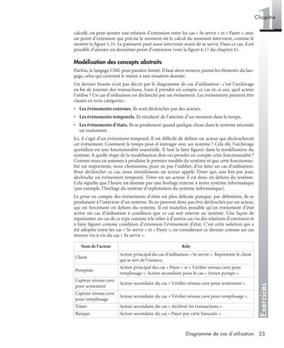 Exercices
1Chapitre
33Diagramme de cas d’utilisation
calculé, on peut ajouter une relation d’extension entre les cas « Se servir » et « Payer », avec
un point d’extension qui précise le moment où le calcul du montant intervient, comme le
montre la ﬁgure 1.31. Le paiement peut aussi intervenir avant de se servir. Dans ce cas, il est
possible d’ajouter un deuxième point d’extension (voir la ﬁgure 6.17 du chapitre 6).
Modélisation des concepts abstraits
Parfois, le langage UML peut paraître limité. Il faut alors trouver, parmi les éléments du lan-
gage, celui qui convient le mieux à une situation donnée.
Un dernier besoin n’est pas décrit par le diagramme de cas d’utilisation : c’est l’archivage
en ﬁn de journée des transactions. Faut-il prendre en compte ce cas et, si oui, quel acteur
l’utilise ? Un cas d’utilisation est déclenché par un événement. Les événements peuvent être
classés en trois catégories :
• Les événements externes. Ils sont déclenchés par des acteurs.
• Les événements temporels. Ils résultent de l’atteinte d’un moment dans le temps.
• Les événements d’états. Ils se produisent quand quelque chose dans le système nécessite
un traitement.
Ici, il s’agit d’un événement temporel. Il est difﬁcile de déﬁnir un acteur qui déclencherait
cet événement. Comment le temps peut-il interagir avec un système ? Cela dit, l’archivage
quotidien est une fonctionnalité essentielle. Il faut la faire ﬁgurer dans la modélisation du
système. À quelle étape de la modélisation doit-on prendre en compte cette fonctionnalité ?
Comme nous en sommes à produire le premier modèle du système et que cette fonctionna-
lité est importante, nous choisissons, pour ne pas l’oublier, d’en faire un cas d’utilisation.
Pour déclencher ce cas, nous introduisons un acteur appelé Timer qui, une fois par jour,
déclenche un événement temporel. Timer est un acteur, il est donc en dehors du système.
Cela signiﬁe que l’heure est donnée par une horloge externe à notre système informatique
(par exemple, l’horloge du système d’exploitation du système informatique).
La prise en compte des événements d’états est plus délicate puisque, par déﬁnition, ils se
produisent à l’intérieur d’un système. Ils ne peuvent donc pas être déclenchés par un acteur,
qui est forcément en dehors du système. Il est toutefois possible qu’un événement d’état
active un cas d’utilisation à condition que ce cas soit interne au système. Une façon de
représenter un cas de ce type consiste à le relier à d’autres cas via des relations d’extension et
à faire ﬁgurer comme condition d’extension l’événement d’état. C’est cette solution qui a
été adoptée entre les cas « Se servir » et « Payer », en considérant ce dernier comme un cas
interne vis-à-vis du cas « Se servir ».
Nom de l’acteur Rôle
Client
Acteur principal du cas d’utilisation « Se servir ». Représente le client
qui se sert de l’essence.
Pompiste
Acteur principal des cas « Payer » et « Vériﬁer niveau cuve pour
remplissage ». Acteur secondaire pour le cas « Armer pompe ».
Capteur niveau cuve
pour armement
Acteur secondaire du cas « Vériﬁer niveau cuve pour armement ».
Capteur niveau cuve
pour remplissage
Acteur secondaire du cas « Vériﬁer niveau cuve pour remplissage ».
Timer Acteur secondaire du cas « Archiver les transactions ».
Banque Acteur secondaire du cas « Payer par carte bancaire ».
UML2 Livre Page 33 Vendredi, 14. d cembre 2007 7:24 07
 