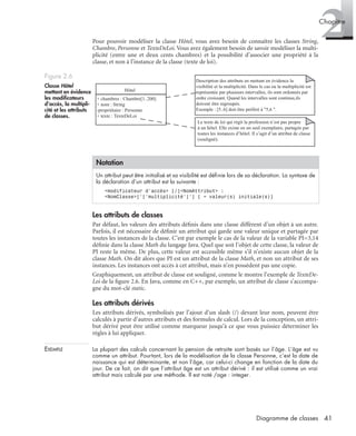 2Chapitre
41Diagramme de classes
Pour pouvoir modéliser la classe Hôtel, vous avez besoin de connaître les classes String,
Chambre, Personne et TexteDeLoi. Vous avez également besoin de savoir modéliser la multi-
plicité (entre une et deux cents chambres) et la possibilité d’associer une propriété à la
classe, et non à l’instance de la classe (texte de loi).
Les attributs de classes
Par défaut, les valeurs des attributs déﬁnis dans une classe diffèrent d’un objet à un autre.
Parfois, il est nécessaire de déﬁnir un attribut qui garde une valeur unique et partagée par
toutes les instances de la classe. C’est par exemple le cas de la valeur de la variable PI=3,14
déﬁnie dans la classe Math du langage Java. Quel que soit l’objet de cette classe, la valeur de
PI reste la même. De plus, cette valeur est accessible même s’il n’existe aucun objet de la
classe Math. On dit alors que PI est un attribut de la classe Math, et non un attribut de ses
instances. Les instances ont accès à cet attribut, mais n’en possèdent pas une copie.
Graphiquement, un attribut de classe est souligné, comme le montre l’exemple de TexteDe-
Loi de la ﬁgure 2.6. En Java, comme en C++, par exemple, un attribut de classe s’accompa-
gne du mot-clé static.
Les attributs dérivés
Les attributs dérivés, symbolisés par l’ajout d’un slash (/) devant leur nom, peuvent être
calculés à partir d’autres attributs et des formules de calcul. Lors de la conception, un attri-
but dérivé peut être utilisé comme marqueur jusqu’à ce que vous puissiez déterminer les
règles à lui appliquer.
EXEMPLE La plupart des calculs concernant la pension de retraite sont basés sur l’âge. L’âge est vu
comme un attribut. Pourtant, lors de la modélisation de la classe Personne, c’est la date de
naissance qui est déterminante, et non l’âge, car celui-ci change en fonction de la date du
jour. De ce fait, on dit que l’attribut âge est un attribut dérivé : il est utilisé comme un vrai
attribut mais calculé par une méthode. Il est noté /age : integer.
Figure 2.6
Classe Hôtel
mettant en évidence
les modiﬁcateurs
d’accès, la multipli-
cité et les attributs
de classes.
Notation
Un attribut peut être initialisé et sa visibilité est déﬁnie lors de sa déclaration. La syntaxe de
la déclaration d’un attribut est la suivante :
<modificateur d’accès> [/]<NomAttribut> :
<NomClasse>[’[’multiplicité’]’] [ = valeur(s) initiale(s)]
Hôtel
+ chambres : Chambre[1..200]
+ nom : String
-propriétaire : Personne
+ texte : TexteDeLoi
Description des attributs en mettant en évidence la
visibilité et la multiplicité. Dans le cas ou la multiplicité est
représentée par plusieurs intervalles, ils sont ordonnés par
ordre croissant. Quand les intervalles sont continus,ils
doivent être regroupés.
Exemple : [5..6] doit être préféré à "5,6 ".
Le texte de loi qui régit la profession n’est pas propre
à un hôtel. Elle existe en un seul exemplaire, partagée par
toutes les instances d’hôtel. Il s’agit d’un attribut de classe
(souligné).
UML2 Livre Page 41 Vendredi, 14. d cembre 2007 7:24 07
 