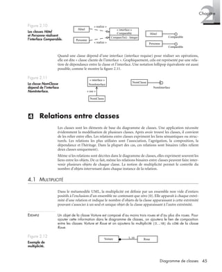 2Chapitre
45Diagramme de classes
Quand une classe dépend d’une interface (interface requise) pour réaliser ses opérations,
elle est dite « classe cliente de l’interface ». Graphiquement, cela est représenté par une rela-
tion de dépendance entre la classe et l’interface. Une notation lollipop équivalente est aussi
possible, comme le montre la ﬁgure 2.11.
(4) Relations entre classes
Les classes sont les éléments de base du diagramme de classes. Une application nécessite
évidemment la modélisation de plusieurs classes. Après avoir trouvé les classes, il convient
de les relier entre elles. Les relations entre classes expriment les liens sémantiques ou struc-
turels. Les relations les plus utilisées sont l’association, l’agrégation, la composition, la
dépendance et l’héritage. Dans la plupart des cas, ces relations sont binaires (elles relient
deux classes uniquement).
Même si les relations sont décrites dans le diagramme de classes, elles expriment souvent les
liens entre les objets. De ce fait, même les relations binaires entre classes peuvent faire inter-
venir plusieurs objets de chaque classe. La notion de multiplicité permet le contrôle du
nombre d’objets intervenant dans chaque instance de la relation.
4.1 MULTIPLICITÉ
Dans le métamodèle UML, la multiplicité est déﬁnie par un ensemble non vide d’entiers
positifs à l’exclusion d’un ensemble ne contenant que zéro {0}. Elle apparaît à chaque extré-
mité d’une relation et indique le nombre d’objets de la classe apparaissant à cette extrémité
pouvant s’associer à un seul et unique objet de la classe apparaissant à l’autre extrémité.
EXEMPLE Un objet de la classe Voiture est composé d’au moins trois roues et d’au plus dix roues. Pour
ajouter cette information dans le diagramme de classes, on ajoutera le lien de composition
entre les classes Voiture et Roue et on ajoutera la multiplicité [3..10] du côté de la classe
Roue.
Figure 2.10
Les classes Hôtel
et Personne réalisent
l’interface Comparable.
Figure 2.11
La classe NomClasse
dépend de l’interface
NomInterface.
Figure 2.12
Exemple de
multiplicité.
Hôtel
Personne
« interface »
Comparable
CompareTo() : Integer
« realize »
« realize »
Hôtel
Comparable
Comparable
Personne
NomInterface
NomClasse
« interface »
NomInterface
« use »
NomClasse
Voiture Roue3..10
UML2 Livre Page 45 Vendredi, 14. d cembre 2007 7:24 07
 