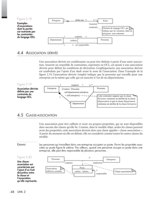 48 UML 2
4.4 ASSOCIATION DÉRIVÉE
Une association dérivée est conditionnée ou peut être déduite à partir d’une autre associa-
tion. Souvent un ensemble de contraintes, exprimées en OCL, est ajouté à une association
dérivée pour déﬁnir les conditions de dérivation. Graphiquement, une association dérivée
est symbolisée par l’ajout d’un slash avant le nom de l’association. Dans l’exemple de la
ﬁgure 2.19, l’association dérivée /emploi indique que la personne qui travaille pour une
entreprise est la même que celle qui est associée à l’un de ses départements.
4.5 CLASSE-ASSOCIATION
Une association peut être rafﬁnée et avoir ses propres propriétés, qui ne sont disponibles
dans aucune des classes qu’elle lie. Comme, dans le modèle objet, seules les classes peuvent
avoir des propriétés, cette association devient alors une classe appelée « classe-association ».
À partir du moment où elle est déﬁnie, elle est considérée comme toutes les autres classes du
modèle.
EXEMPLE Les personnes qui travaillent dans une entreprise occupent un poste. Parmi les propriétés asso-
ciées au poste ﬁgure le salaire. Par ailleurs, quand une personne occupe un poste dans une
entreprise, elle peut être responsable de plusieurs personnes.
Figure 2.18
Exemples
d’associations
dont la portée
est restreinte par
les contraintes
du langage OCL.
Figure 2.19
Association dérivée
déﬁnie par une
contrainte du
langage OCL.
Figure 2.20
Une classe-
association est
caractérisée par
l’ajout d’un trait
discontinu entre
la classe et
l’association
qu’elle représente.
Polygone Point* défini par 3..*
#sommet
{ordered}
Département Personne
1 emploie
{subset}
1 est responsable
Élément du langage OCL qui
indique que les sommets, dans un
polygone, sont ordonnés.
Entreprise Personne
1 /emploie n..*
{Context : Personne
self.departement.entreprise
= self.entreprise}
Département
Cette contrainte suppose que la classe
Personne contienne un attribut de la classe
Département et que la classe Département
contienne un attribut de la classe Entreprise
1
*
Personne Entreprise
employé employeur
Poste
salaire : Salaire *
responsable
Classe association
Association
réflexive orientée
UML2 Livre Page 48 Vendredi, 14. d cembre 2007 7:24 07
 