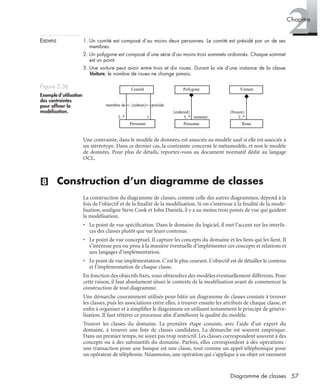 2Chapitre
57Diagramme de classes
EXEMPLE 1. Un comité est composé d’au moins deux personnes. Le comité est présidé par un de ses
membres.
2. Un polygone est composé d’une série d’au moins trois sommets ordonnés. Chaque sommet
est un point.
3. Une voiture peut avoir entre trois et dix roues. Durant la vie d’une instance de la classe
Voiture, le nombre de roues ne change jamais.
Une contrainte, dans le modèle de données, est associée au modèle sauf si elle est associée à
un stéréotype. Dans ce dernier cas, la contrainte concerne le métamodèle, et non le modèle
de données. Pour plus de détails, reportez-vous au document normatif dédié au langage
OCL.
(8) Construction d’un diagramme de classes
La construction du diagramme de classes, comme celle des autres diagrammes, dépend à la
fois de l’objectif et de la ﬁnalité de la modélisation. Si on s’intéresse à la ﬁnalité de la modé-
lisation, souligne Steve Cook et John Daniels, il y a au moins trois points de vue qui guident
la modélisation.
• Le point de vue spéciﬁcation. Dans le domaine du logiciel, il met l’accent sur les interfa-
ces des classes plutôt que sur leurs contenus.
• Le point de vue conceptuel. Il capture les concepts du domaine et les liens qui les lient. Il
s’intéresse peu ou prou à la manière éventuelle d’implémenter ces concepts et relations et
aux langages d’implémentation.
• Le point de vue implémentation. C’est le plus courant. L’objectif est de détailler le contenu
et l’implémentation de chaque classe.
En fonction des objectifs ﬁxés, vous obtiendrez des modèles éventuellement différents. Pour
cette raison, il faut absolument situer le contexte de la modélisation avant de commencer la
construction de tout diagramme.
Une démarche couramment utilisée pour bâtir un diagramme de classes consiste à trouver
les classes, puis les associations entre elles, à trouver ensuite les attributs de chaque classe, et
enﬁn à organiser et à simpliﬁer le diagramme en utilisant notamment le principe de généra-
lisation. Il faut réitérer ce processus aﬁn d’améliorer la qualité du modèle.
Trouver les classes du domaine. La première étape consiste, avec l’aide d’un expert du
domaine, à trouver une liste de classes candidates. La démarche est souvent empirique.
Dans un premier temps, ne soyez pas trop restrictif. Les classes correspondent souvent à des
concepts ou à des substantifs du domaine. Parfois, elles correspondent à des opérations :
une transaction pour une banque est une classe, tout comme un appel téléphonique pour
un opérateur de téléphonie. Néanmoins, une opération qui s’applique à un objet est rarement
Figure 2.36
Exemple d’utilisation
des contraintes
pour afﬁner la
modélisation.
Personne
Polygone
{ordered}
3..* sommet
Personne
Comité
2..*
membre de {subset} préside
1
Roue
Voiture
{frozen}
2..*
UML2 Livre Page 57 Vendredi, 14. d cembre 2007 7:24 07
 