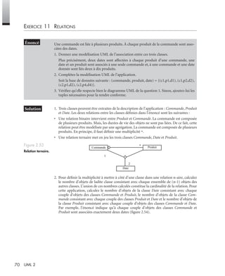 70 UML 2
EXERCICE 11 RELATIONS
1. Trois classes peuvent être extraites de la description de l’application : Commande, Produit
et Date. Les deux relations entre les classes déﬁnies dans l’énoncé sont les suivantes :
• Une relation binaire intervient entre Produit et Commande. La commande est composée
de plusieurs produits. Mais, les durées de vie des objets ne sont pas liées. De ce fait, cette
relation peut être modélisée par une agrégation. La commande est composée de plusieurs
produits. En principe, il faut déﬁnir une multiplicité *.
• Une relation ternaire met en jeu les trois classes Commande, Date et Produit.
2. Pour déﬁnir la multiplicité à mettre à côté d’une classe dans une relation n-aire, calculez
le nombre d’objets de ladite classe consistant avec chaque ensemble de (n-1) objets des
autres classes. L’union de ces nombres calculés constitue la cardinalité de la relation. Pour
cette application, calculez le nombre d’objets de la classe Date consistant avec chaque
couple d’objets des classes Commande et Produit, le nombre d’objets de la classe Com-
mande consistant avec chaque couple des classes Produit et Date et le nombre d’objets de
la classe Produit consistant avec chaque couple d’objets des classes Commande et Date.
Par exemple, l’énoncé indique qu’à chaque couple d’objets des classes Commande et
Produit sont associées exactement deux dates (ﬁgure 2.54).
Une commande est liée à plusieurs produits. À chaque produit de la commande sont asso-
ciées des dates.
1. Donnez une modélisation UML de l’association entre ces trois classes.
Plus précisément, deux dates sont affectées à chaque produit d’une commande, une
date et un produit sont associés à une seule commande et, à une commande et une date
donnée sont liés deux à dix produits.
2. Complétez la modélisation UML de l’application.
Soit la base de données suivante : (commande, produit, date) = {(c1,p1,d1), (c1,p2,d2),
(c2,p1,d2), (c2,p4,d4)}.
3. Vériﬁez qu’elle respecte bien le diagramme UML de la question 1. Sinon, ajoutez-lui les
tuples nécessaires pour la rendre conforme.
Figure 2.53
Relation ternaire.
ProduitCommande
Date
2
1
*
UML2 Livre Page 70 Vendredi, 14. d cembre 2007 7:24 07
 