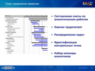План управления проектом



                           • Составление сметы по
                             аналитическим работам

                           • Оценка трудозатрат

                           • Распределение задач

                           • Идентификация
                             контрольных точек

                           • Набор команды
                             аналитиков



                                             www.uml2.ru   17
 