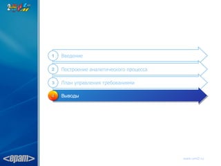1   Введение

2   Построение аналитического процесса

3   План управления требованиями

4   Выводы




                                         www.uml2.ru
 