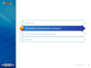 1   Введение

2   Построение аналитического процесса

3   План управления требованиями

4   Выводы




                                         www.uml2.ru   8
 