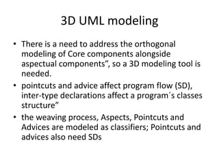 3D UML modeling 
• There is a need to address the orthogonal 
modeling of Core components alongside 
aspectual components”...