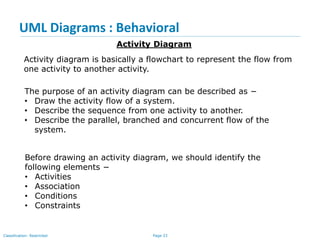 Page 33Classification: Restricted
UML Diagrams : Behavioral
Activity Diagram
Activity diagram is basically a flowchart to represent the flow from
one activity to another activity.
The purpose of an activity diagram can be described as −
• Draw the activity flow of a system.
• Describe the sequence from one activity to another.
• Describe the parallel, branched and concurrent flow of the
system.
Before drawing an activity diagram, we should identify the
following elements −
• Activities
• Association
• Conditions
• Constraints
 