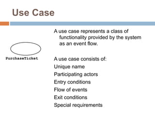 Use Case
A use case represents a class of
functionality provided by the system
as an event flow.
A use case consists of:
Unique name
Participating actors
Entry conditions
Flow of events
Exit conditions
Special requirements
PurchaseTicket
 