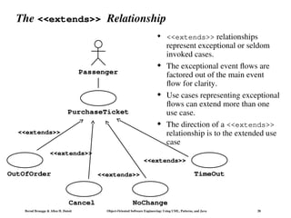 Bernd Bruegge & Allen H. Dutoit Object-Oriented Software Engineering: Using UML, Patterns, and Java 28
The <<extends>> Relationship
 <<extends>> relationships
represent exceptional or seldom
invoked cases.
 The exceptional event flows are
factored out of the main event
flow for clarity.
 Use cases representing exceptional
flows can extend more than one
use case.
 The direction of a <<extends>>
relationship is to the extended use
case
Passenger
PurchaseTicket
TimeOut
<<extends>>
NoChange
<<extends>>
OutOfOrder
<<extends>>
Cancel
<<extends>>
 