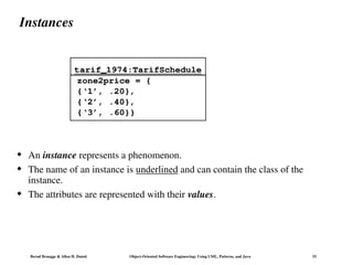 Bernd Bruegge & Allen H. Dutoit Object-Oriented Software Engineering: Using UML, Patterns, and Java 33
Instances
 An instance represents a phenomenon.
 The name of an instance is underlined and can contain the class of the
instance.
 The attributes are represented with their values.
zone2price = {
{‘1’, .20},
{‘2’, .40},
{‘3’, .60}}
tarif_1974:TarifSchedule
 