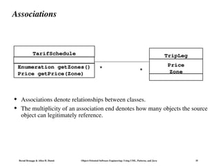 Bernd Bruegge & Allen H. Dutoit Object-Oriented Software Engineering: Using UML, Patterns, and Java 35
Price
Zone
Associations
 Associations denote relationships between classes.
 The multiplicity of an association end denotes how many objects the source
object can legitimately reference.
Enumeration getZones()
Price getPrice(Zone)
TarifSchedule TripLeg
* *
 