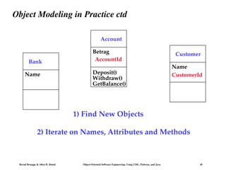 Bernd Bruegge & Allen H. Dutoit Object-Oriented Software Engineering: Using UML, Patterns, and Java 45
Object Modeling in Practice ctd
Account
Betrag
Deposit()
Withdraw()
GetBalance()
Customer
Name
CustomerId
1) Find New Objects
CustomerId
AccountId
2) Iterate on Names, Attributes and Methods
Bank
Name
 