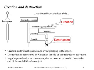 Bernd Bruegge & Allen H. Dutoit Object-Oriented Software Engineering: Using UML, Patterns, and Java 52
Creation and destruction
 Creation is denoted by a message arrow pointing to the object.
 Destruction is denoted by an X mark at the end of the destruction activation.
 In garbage collection environments, destruction can be used to denote the
end of the useful life of an object.
Passenger
ChangeProcessor
…continued from previous slide...
Ticket
createTicket(selection)
free()
Creation
Destruction
print()
 