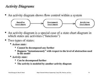 Bernd Bruegge & Allen H. Dutoit Object-Oriented Software Engineering: Using UML, Patterns, and Java 55
Activity Diagrams
 An activity diagram shows flow control within a system
 An activity diagram is a special case of a state chart diagram in
which states are activities (“functions”)
 Two types of states:
 Action state:
 Cannot be decomposed any further
 Happens “instantaneously” with respect to the level of abstraction used
in the model
 Activity state:
 Can be decomposed further
 The activity is modeled by another activity diagram
Handle
Incident
Document
Incident
Archive
Incident
 