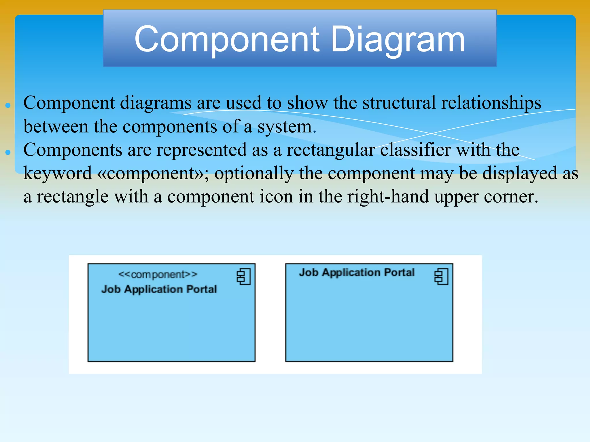  Component diagrams are used to show the structural relationships
between the components of a system.
 Components are represented as a rectangular classifier with the
keyword «component»; optionally the component may be displayed as
a rectangle with a component icon in the right-hand upper corner.
Component Diagram
 