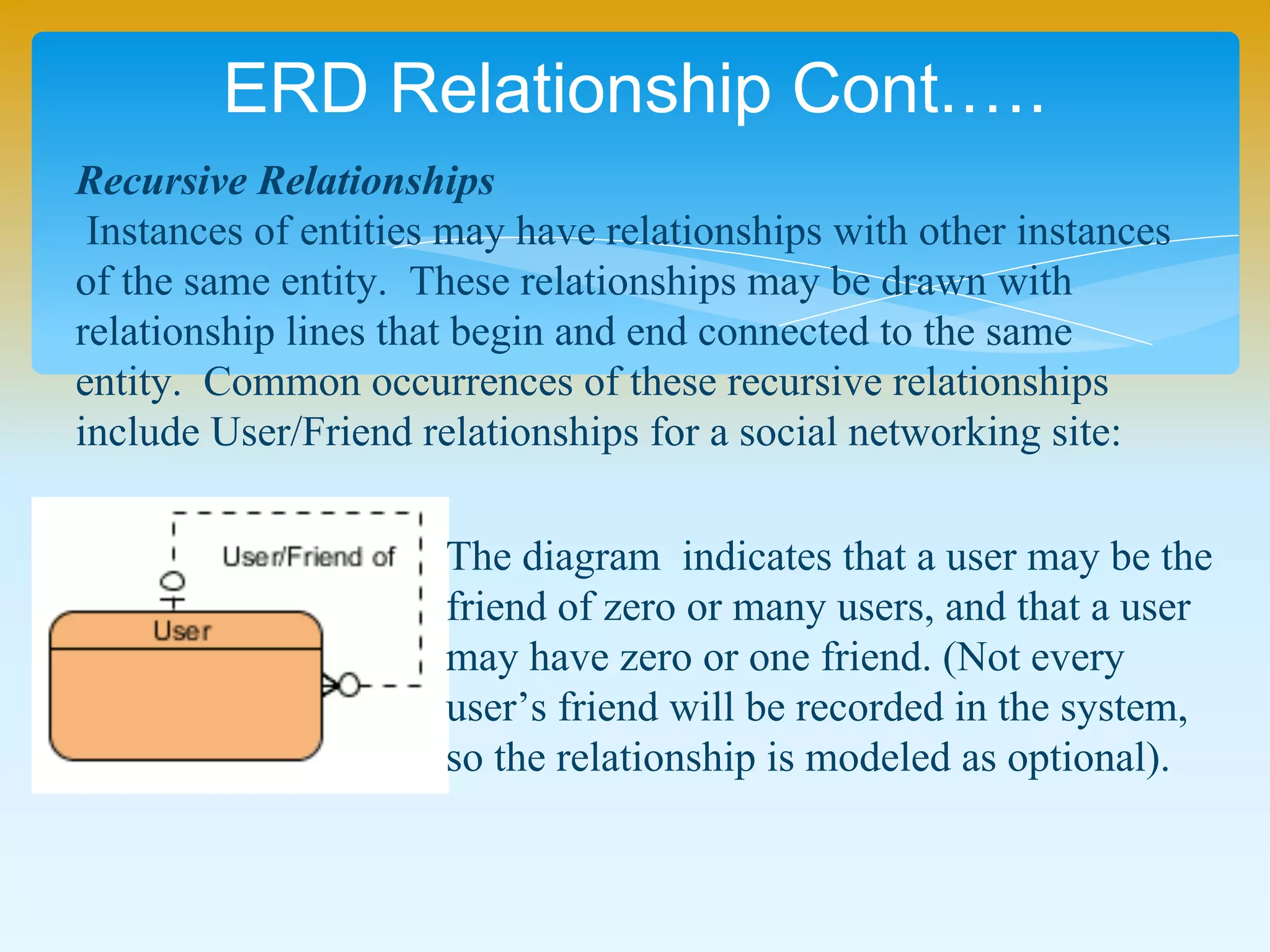 ERD Relationship Cont.….
Recursive Relationships
Instances of entities may have relationships with other instances
of the same entity. These relationships may be drawn with
relationship lines that begin and end connected to the same
entity. Common occurrences of these recursive relationships
include User/Friend relationships for a social networking site:
The diagram indicates that a user may be the
friend of zero or many users, and that a user
may have zero or one friend. (Not every
user’s friend will be recorded in the system,
so the relationship is modeled as optional).
 