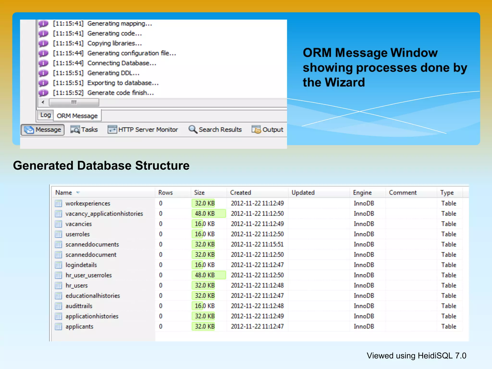 Viewed using HeidiSQL 7.0
Generated Database Structure
 