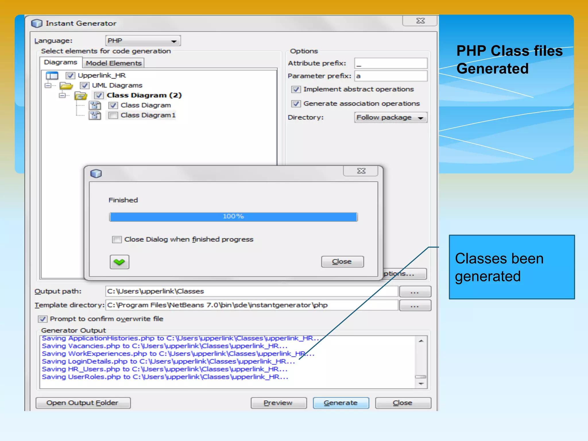 PHP Class files
Generated
Classes been
generated
 